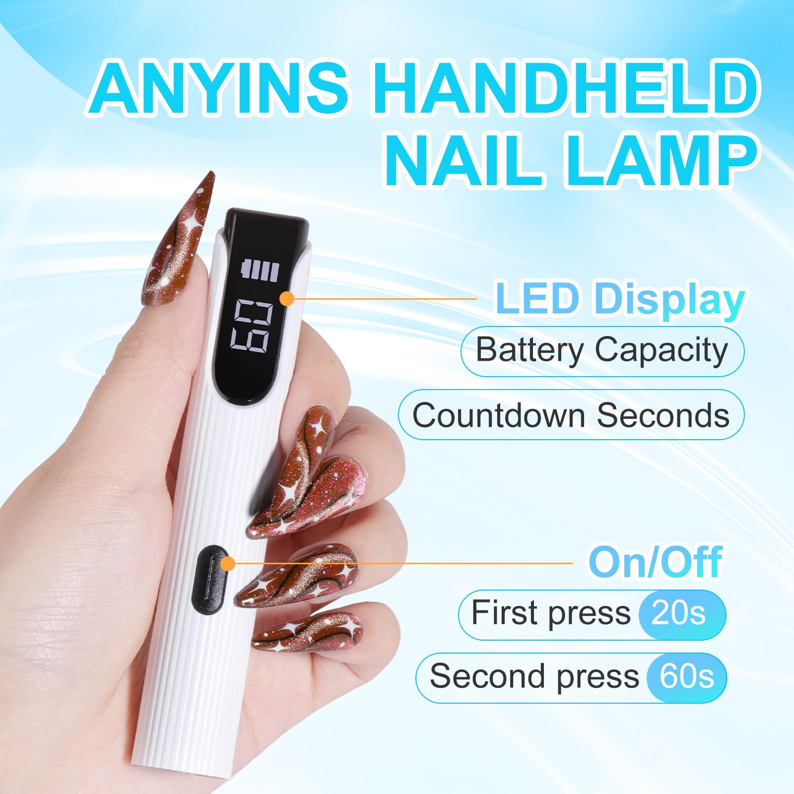 Rechargeable Cordless UV LED Nail Lamp for Gel Polish & Rhinestone Glue - Portable Handheld Curing Light with Digital Display for Home DIY Manicures & Nail Art
