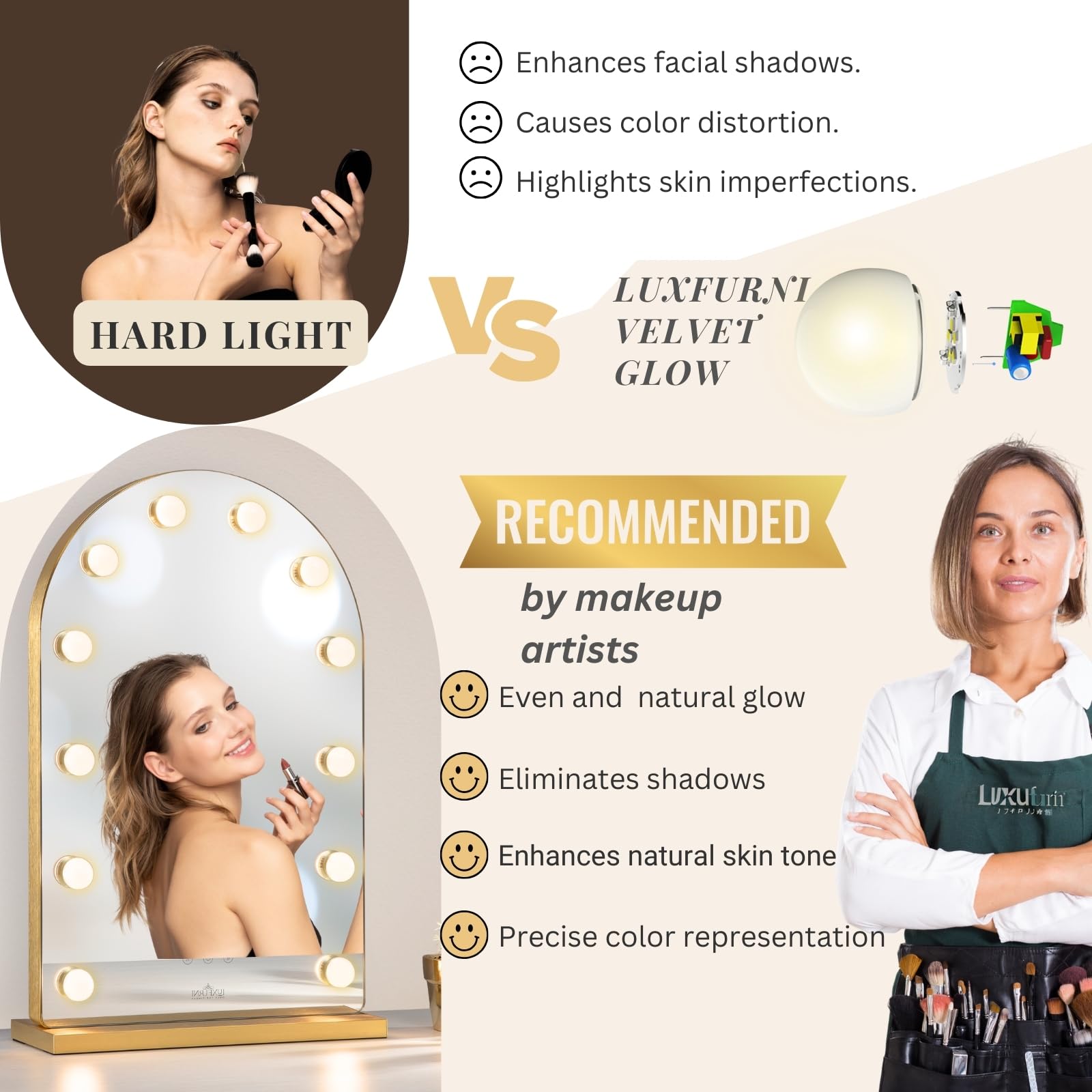 Hollywood Makeup Mirror with Lights - 12 Dimmable LED Bulbs, Smart Touch Control & 3 Color Modes (Gold) | Large Vanity Mirror for Bedroom, Dressing Room & Professional Makeup Studio
