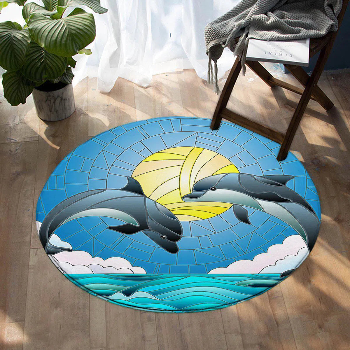 Dolphin Themed Round Area Rug - Non-Slip Soft Living Room Carpet for Kids Bedroom & Playroom Decor