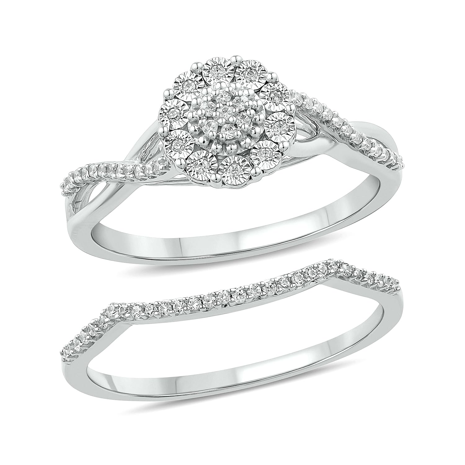 1/6 Carat Diamond Floral Halo Engagement Ring & Wedding Band Set for Women in 925 Sterling Silver - Elegant Bridal Jewelry for Proposals, Anniversaries & Special Occasions