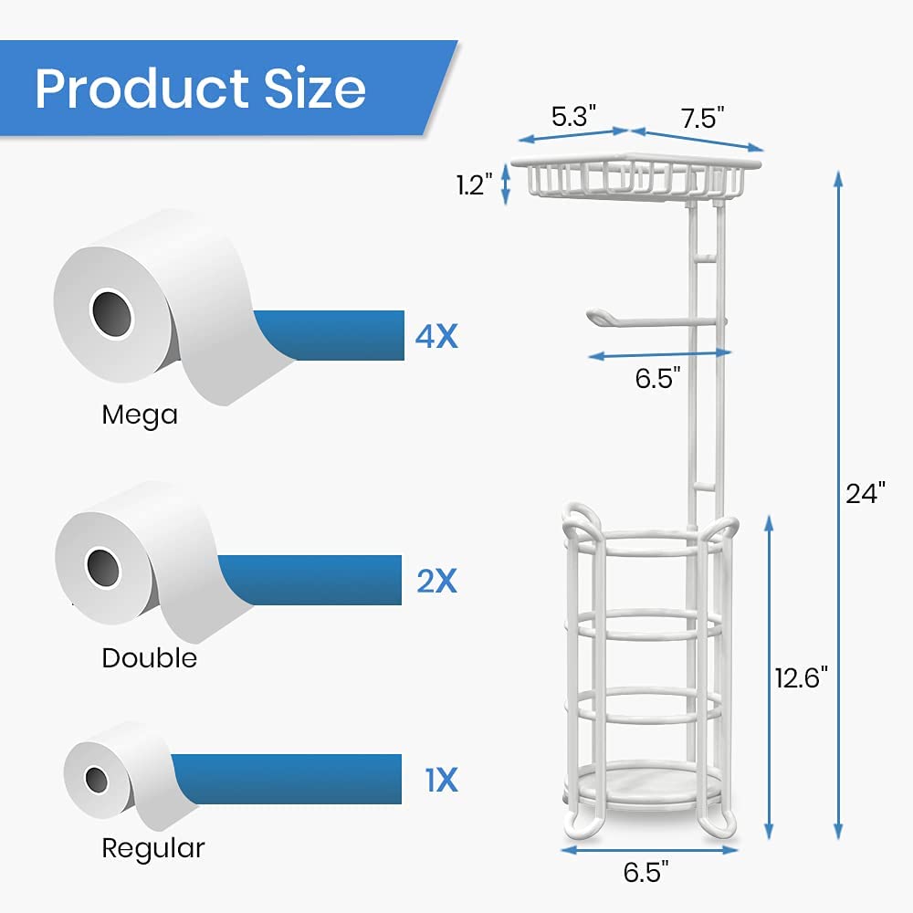 Upgraded Nautical Free Standing Toilet Paper Holder Stand with Top Shelf for Mega Rolls, Phone & Wipes - Ivory White | Bathroom Storage Organizer for Home, Boat & RV Use