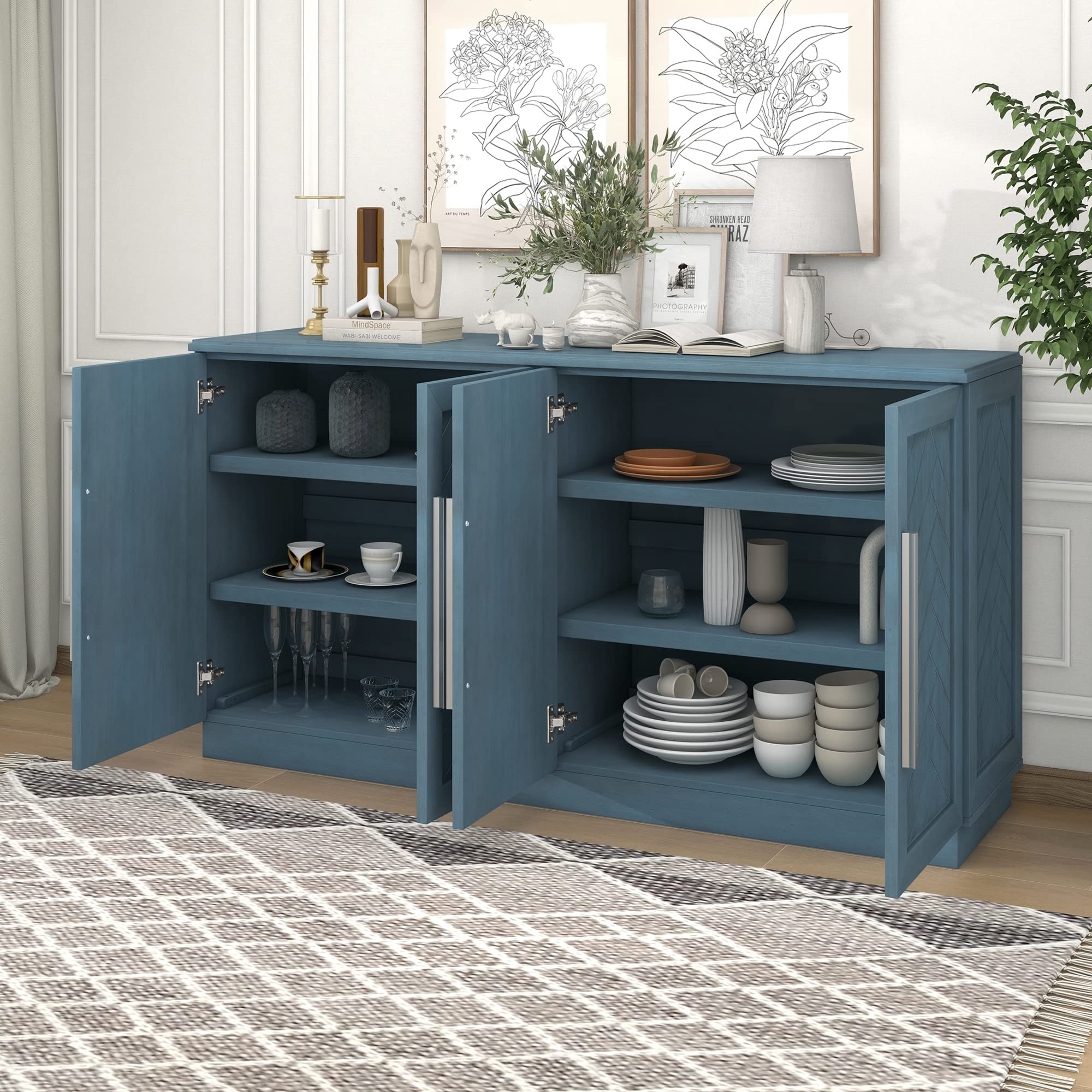 Modern Buffet Sideboard Storage Cabinet with 4 Doors & 4 Adjustable Shelves - Entryway Hallway Console Table, Coffee Bar Cabinet (Antique Blue) - Perfect for Dining Room Storage, Living Room Organization & Kitchen Coffee Station
