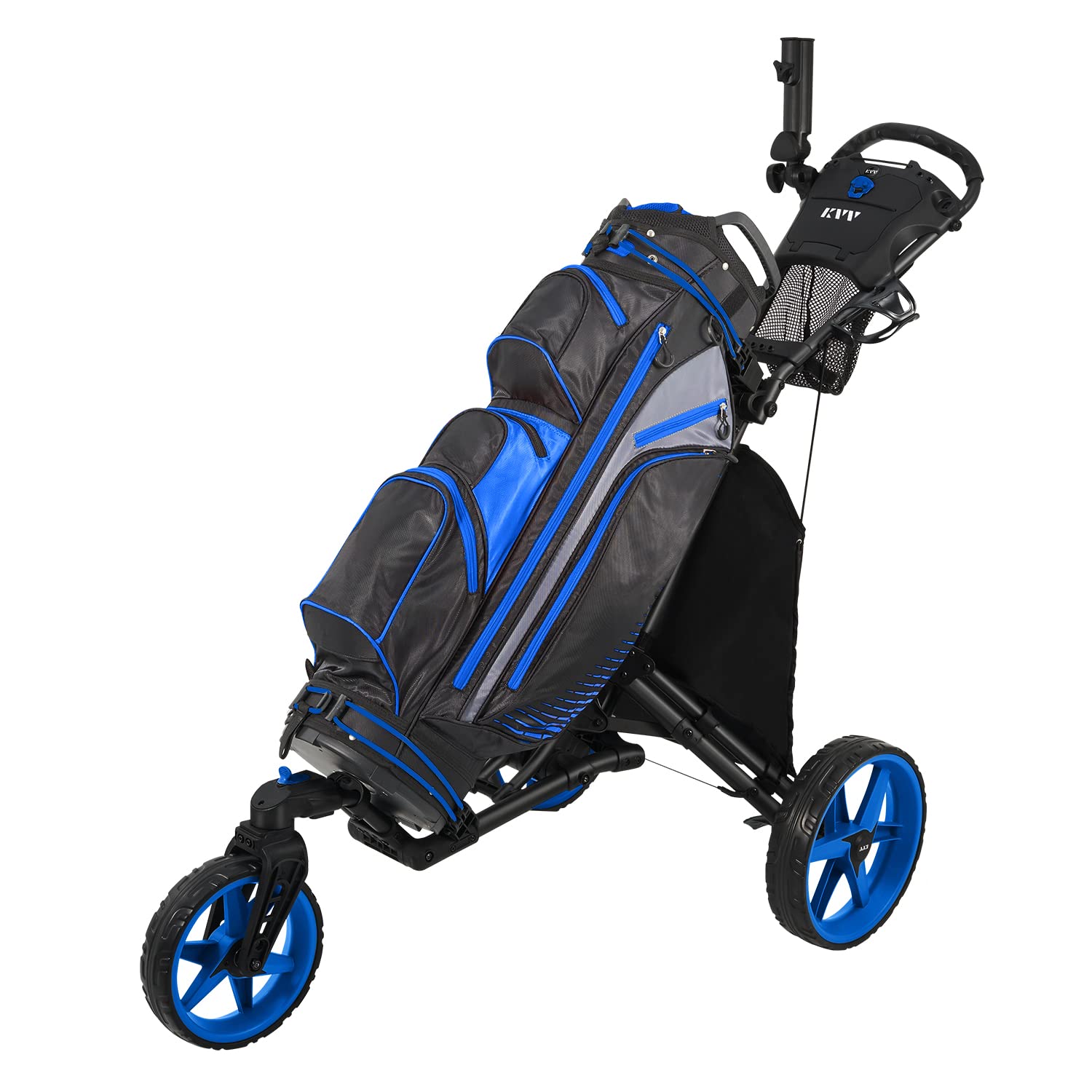 KVV 3-Wheel 360° Rotating Golf Push Cart with One-Second Folding & Free Umbrella Holder - Lightweight & Portable for Golf Courses, Parks, and Outdoor Activities