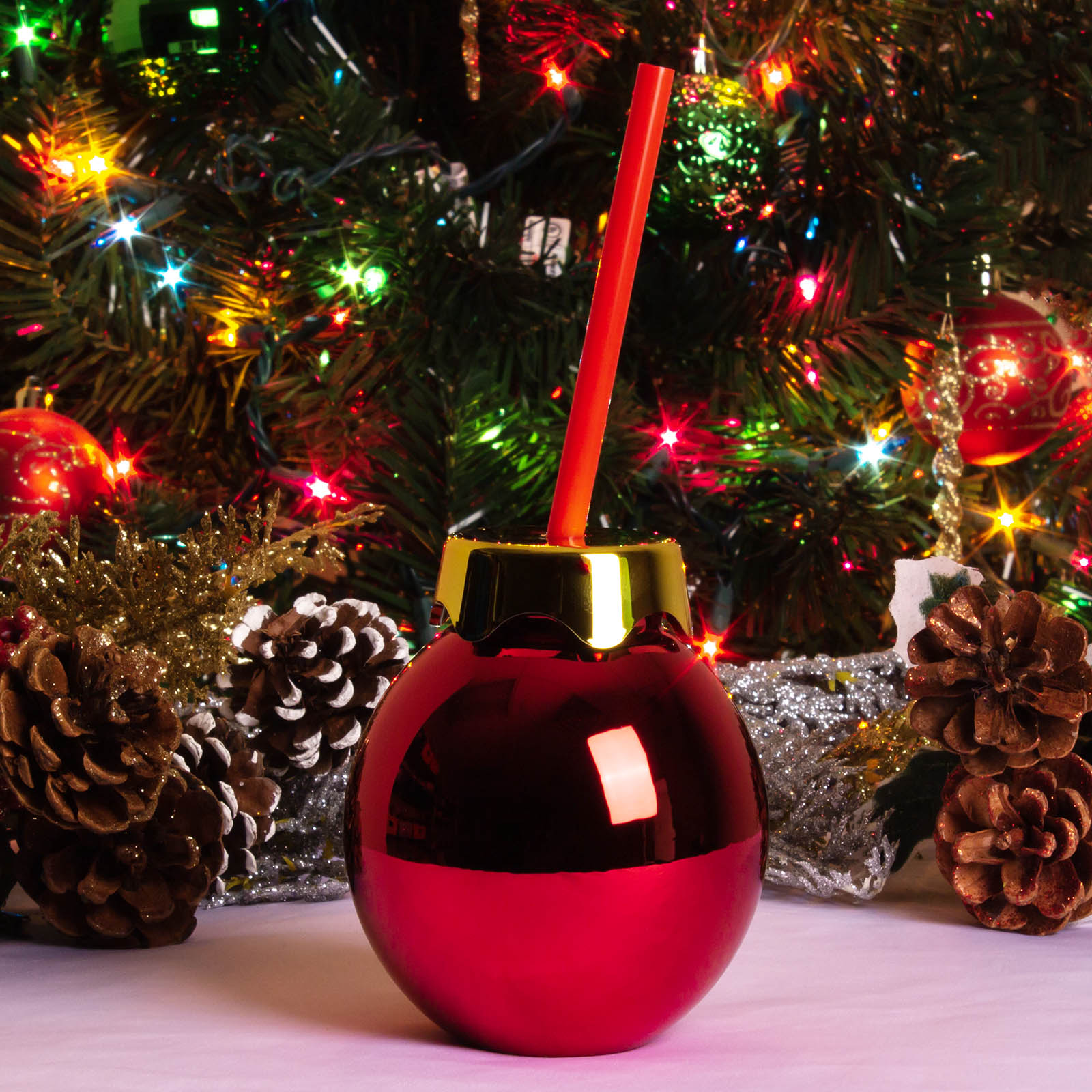 BarConic® 14oz Christmas Ball Cup - Insulated Stainless Steel Tumbler with Lid & Straw, Holiday Party Drinkware for Hot & Cold Beverages - Perfect for Christmas Gifts, Office Parties & Home Decor