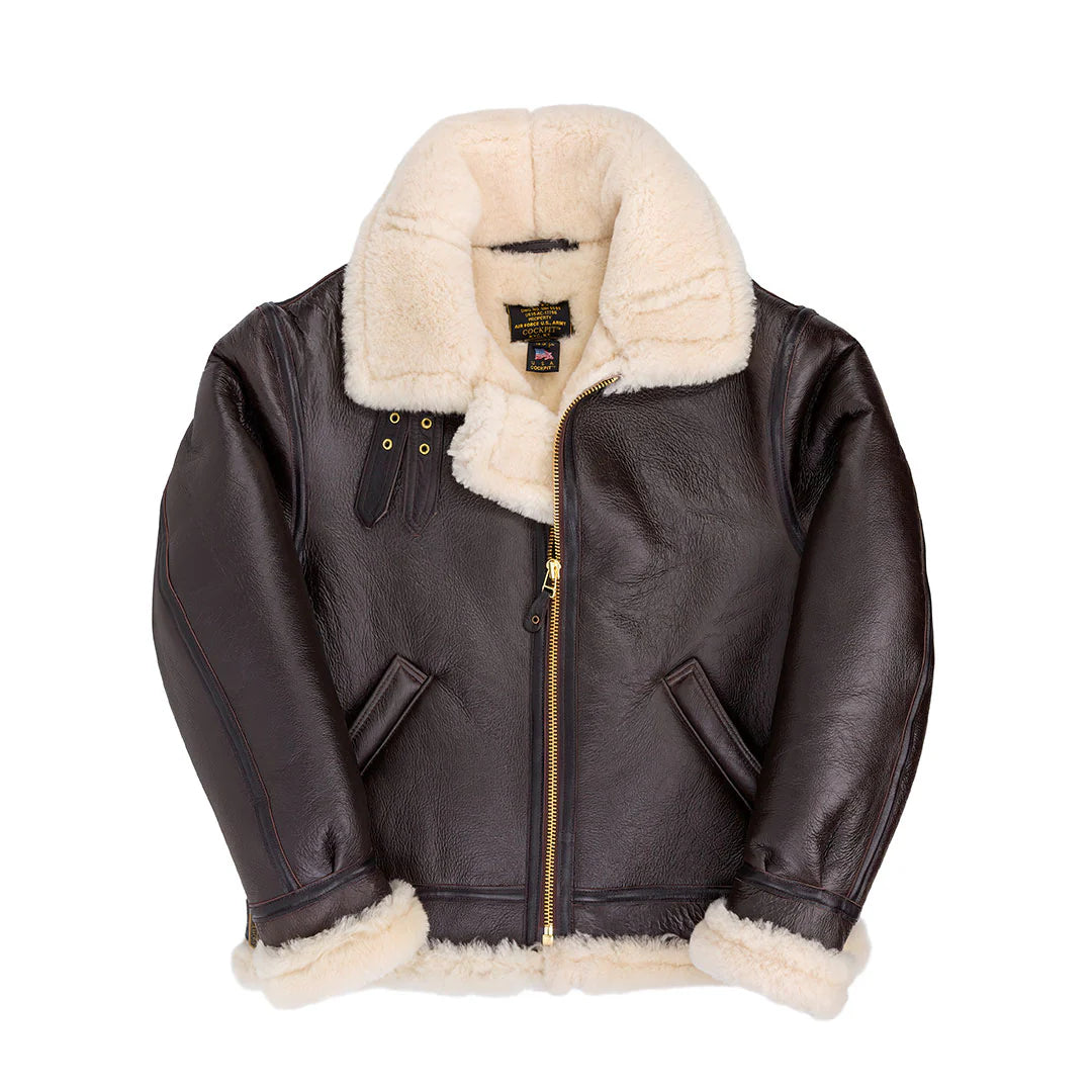 Cockpit USA Men's B-3 Sheepskin Bomber Jacket with Hood - Genuine Leather Aviator Coat for Winter, Cold Weather & Outdoor Activities