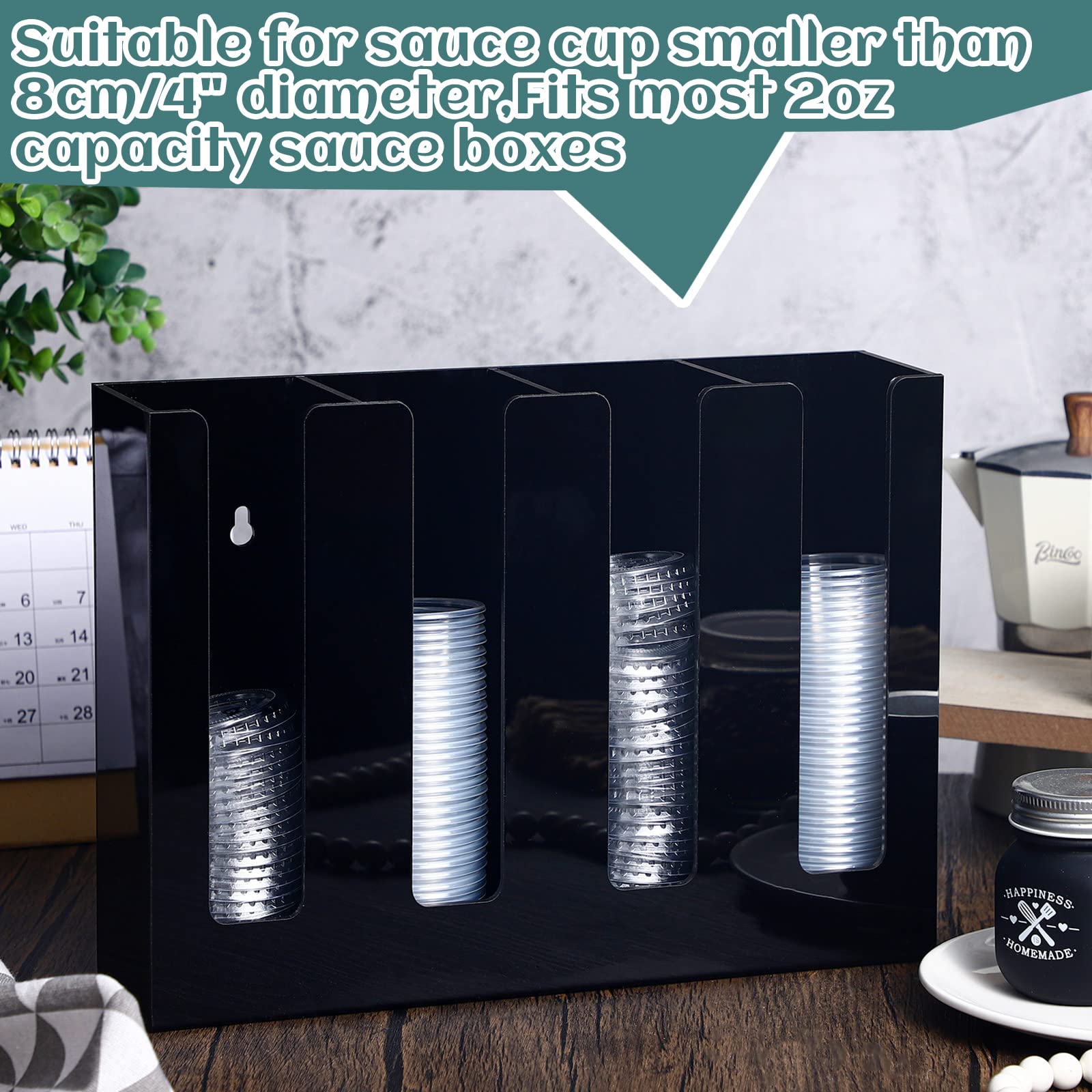 Acrylic Sauce Cup Dispenser with 4 Compartments - Countertop or Wall Mount Cup Lid Organizer - Plastic Lids Storage Holder for Restaurants, Party & Kitchen Supplies (Black) - Perfect for Organizing Condiments, Spices & Small Kitchen Items
