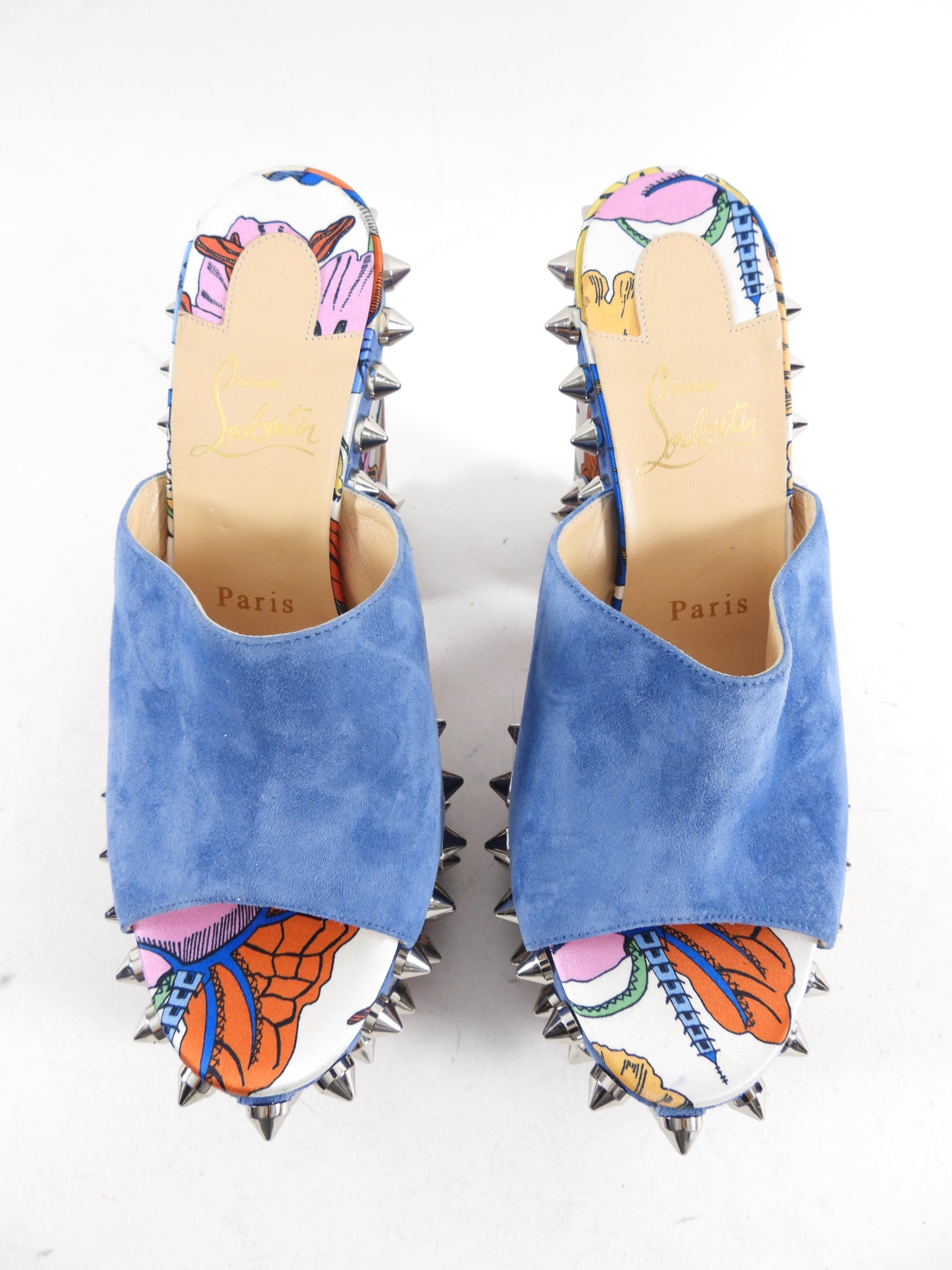 Christian Louboutin Blue Suede Spike Accent Platform Mules Size 37 - Luxury High Heel Sandals for Women, Perfect for Parties & Evening Events