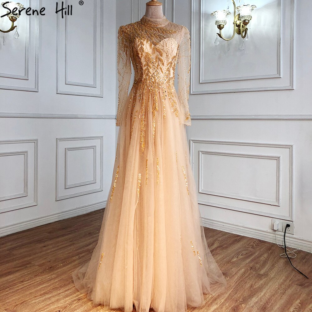 Serene Hill Muslim Gold Luxury Ball Gown Evening Dress 2025 - Long Sleeve Beaded Prom Dress for Women - Perfect for Weddings, Galas & Formal Parties