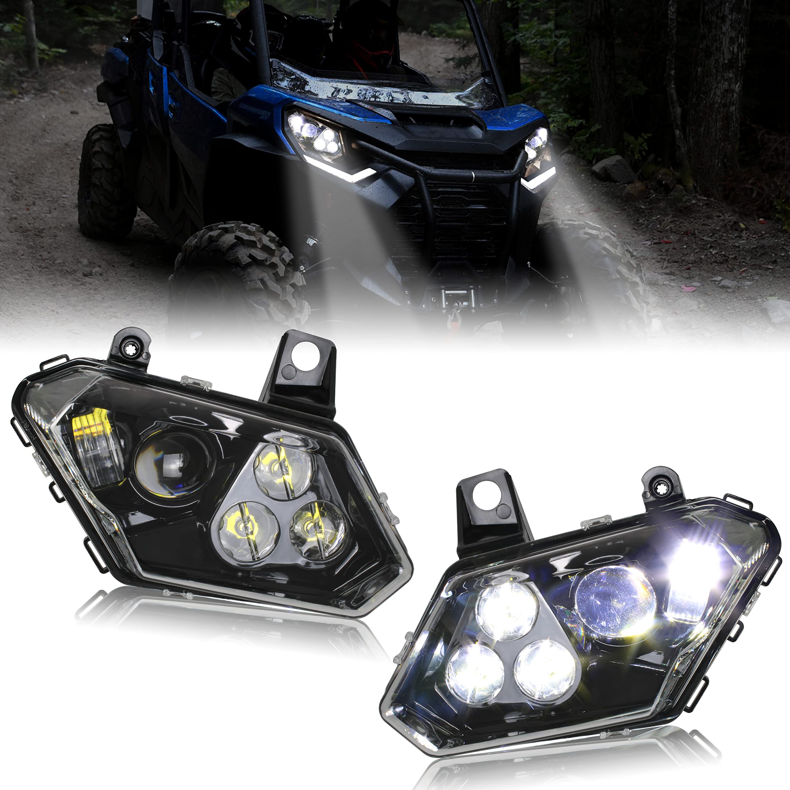 SAUTVS LED Headlights for Can-Am Maverick Trail Sport Commander & Max 800 1000 (2018-2025) - Halo LED Headlamp with Clear Lens - 2PCS Off-Road Lighting Accessories for Night Riding & Adventure Trail Use