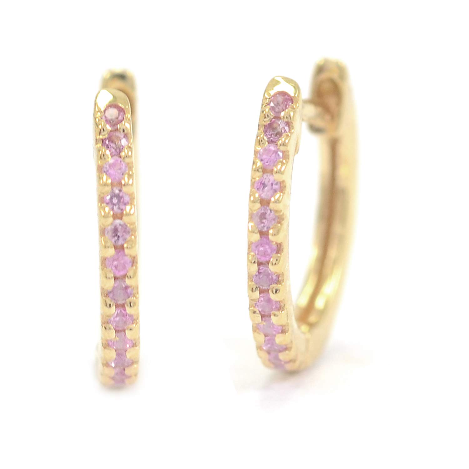 14K Solid Yellow Gold Huggie Hoop Earrings with Genuine Pink Sapphire Charm - Minimalist Dainty Hoops for Women - Perfect Gift for Her, Birthday, Anniversary & Everyday Wear