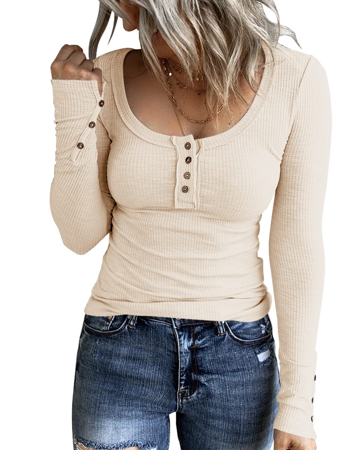 KINLONSAIR Women's Long Sleeve Henley T-Shirts - Slim Fit Button Down Scoop Neck Ribbed Knit Tops for Casual Wear, Work & Fall Layering