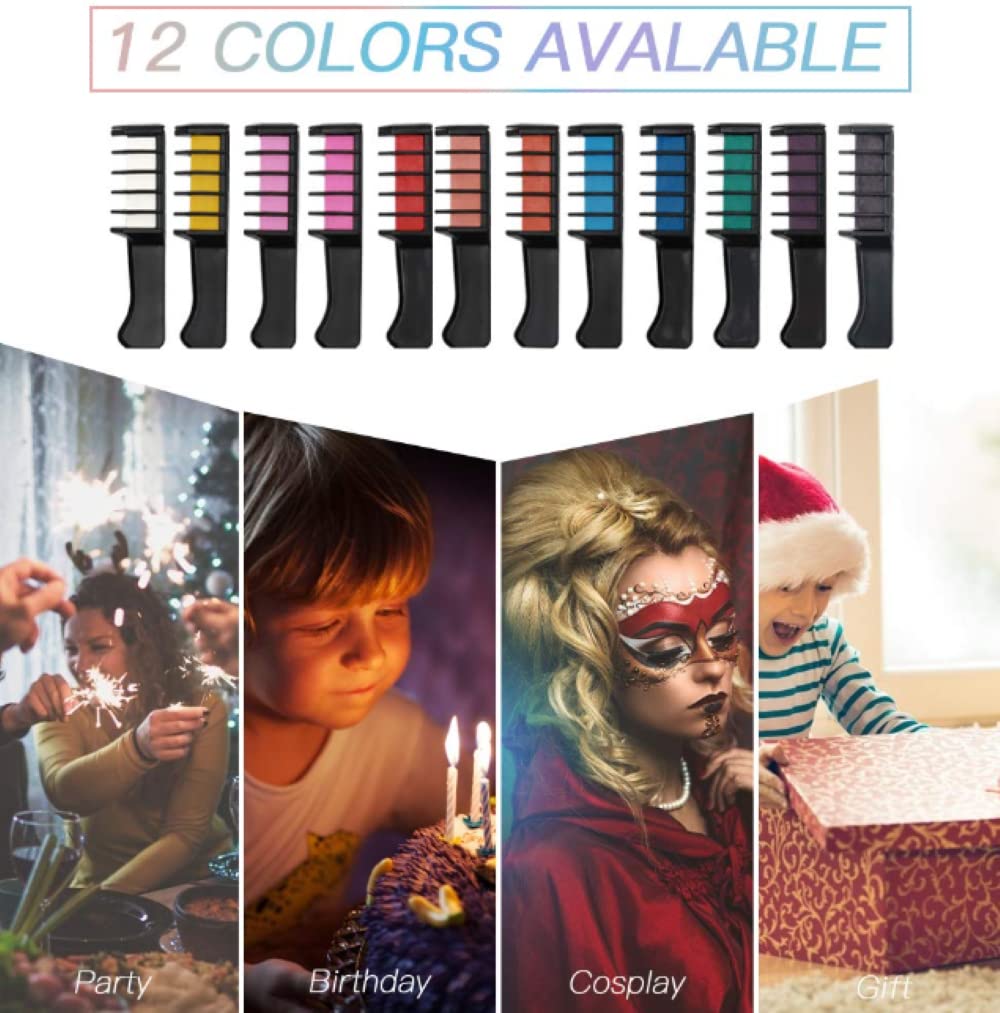 12 Color Washable Hair Chalk for Girls & Kids - Temporary Hair Dye with Comb, Non-Toxic & Easy to Wash Out | Perfect for Birthday Gifts, Parties, Halloween Costumes & Creative Play (Ages 8-12)