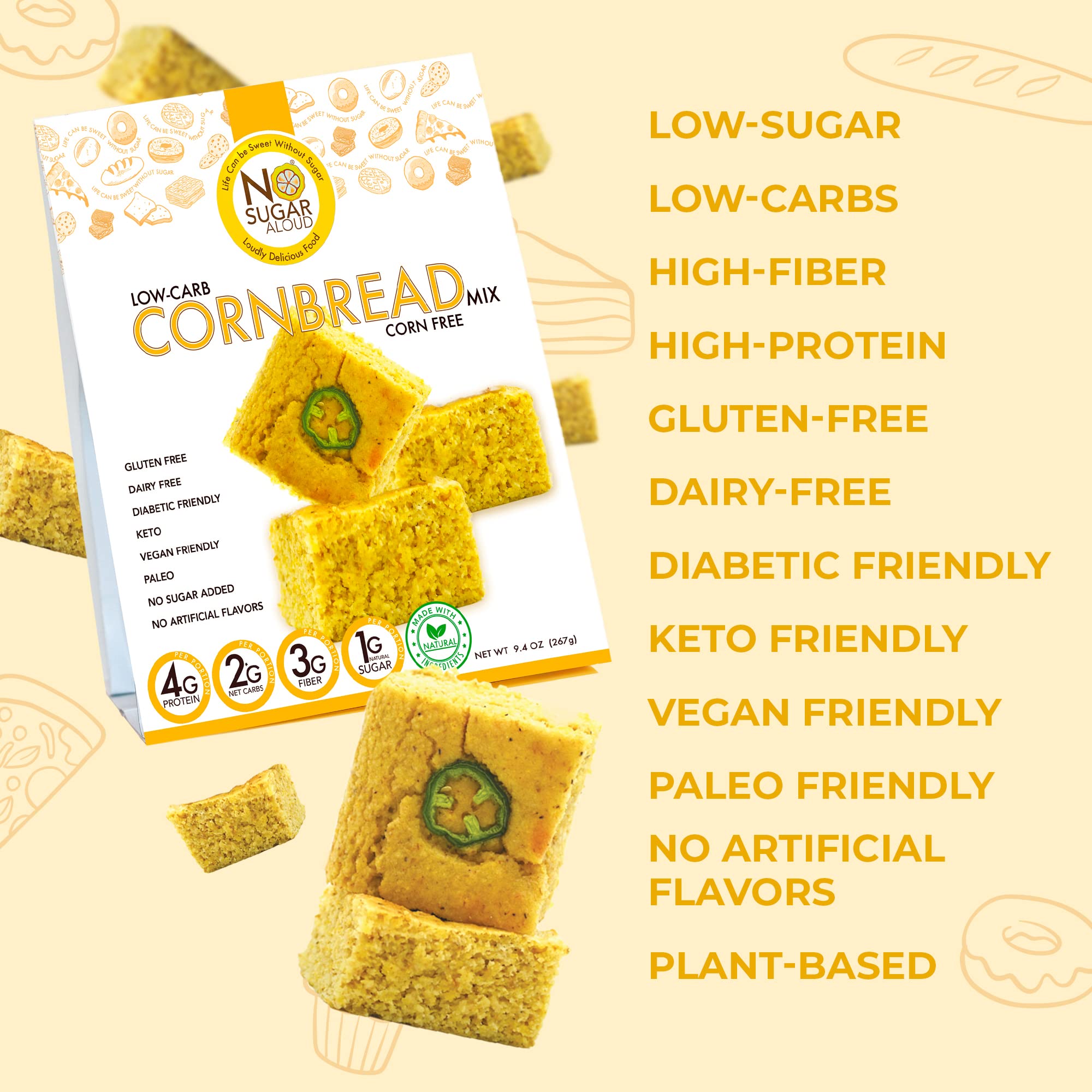 Low Carb Corn-Free Corn Bread Mix - Gluten-Free, Plant-Based Keto Bread Mix with High Protein & Fiber | Dairy-Free, Paleo-Friendly, No Artificial Flavors or Added Sugar | Perfect for Keto Diet, Weight Loss & Healthy Breakfast | 9.4 oz Pack