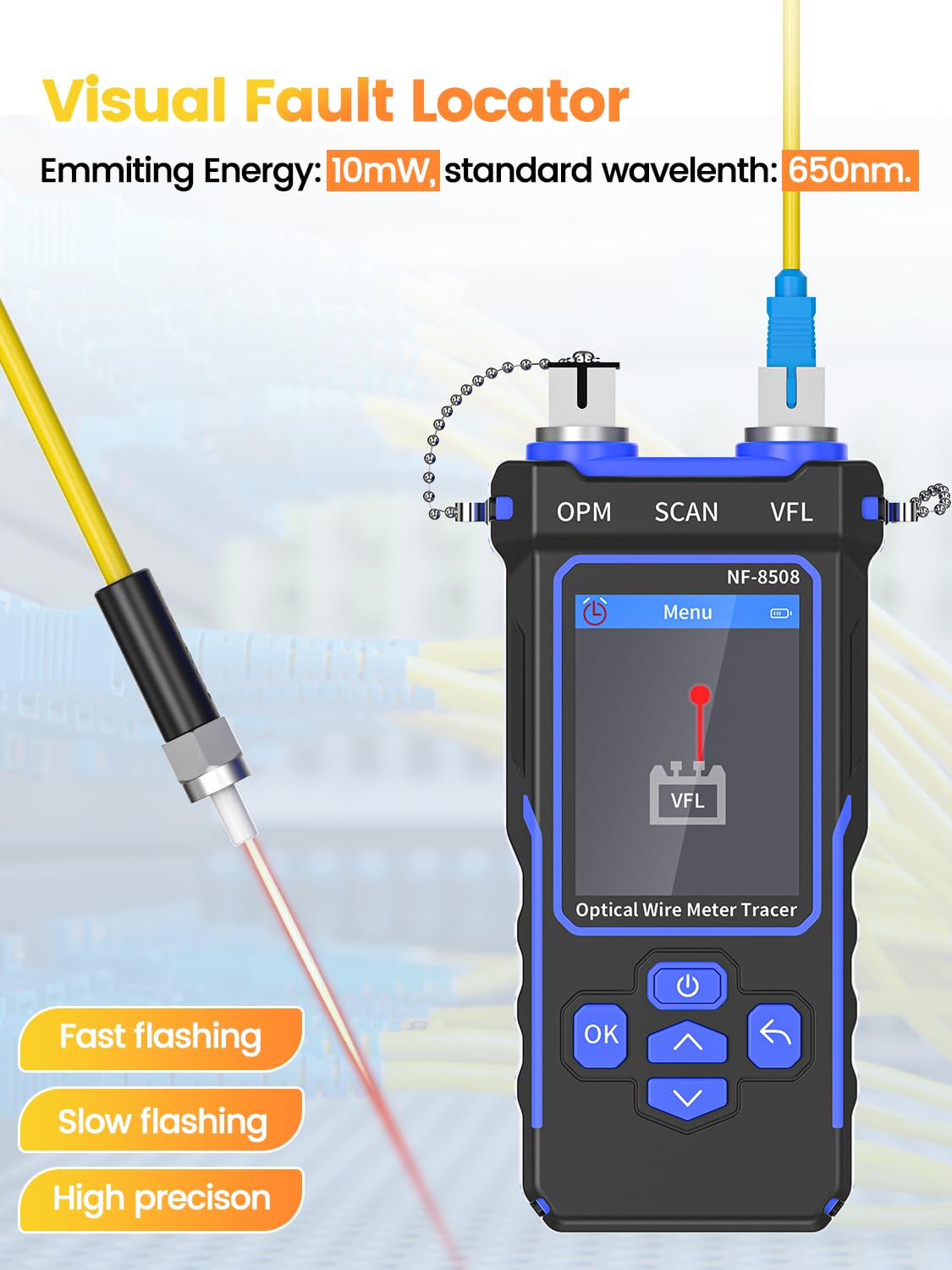 Professional Network Cable Tester with 7-Wavelength Optical Power Meter - CAT5/CAT6 Ethernet Tester, 10mW Visual Fault Locator, RJ11/RJ45 Connector - Lithium Battery PoE Wire Tracer with NCV & LED Light (Blue) - Ideal for IT Technicians, Network Installations & Home Office Setup