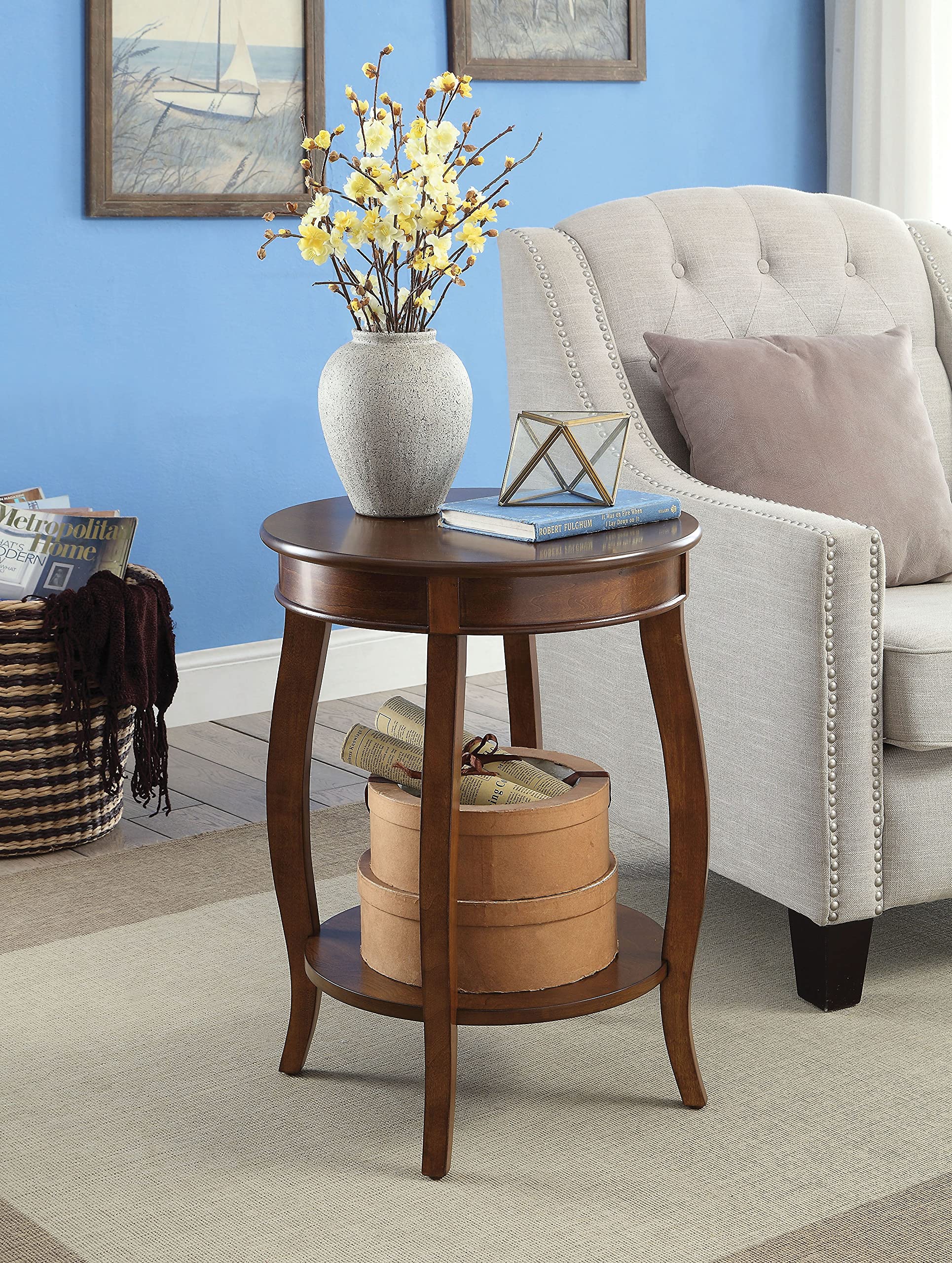 Solid Walnut Wooden Aberta Side Table with Round Legs and Shelf - Round End Table, Nightstand, or Plant Stand for Living Room, Bedroom, or Office Decor (Walnut-1)
