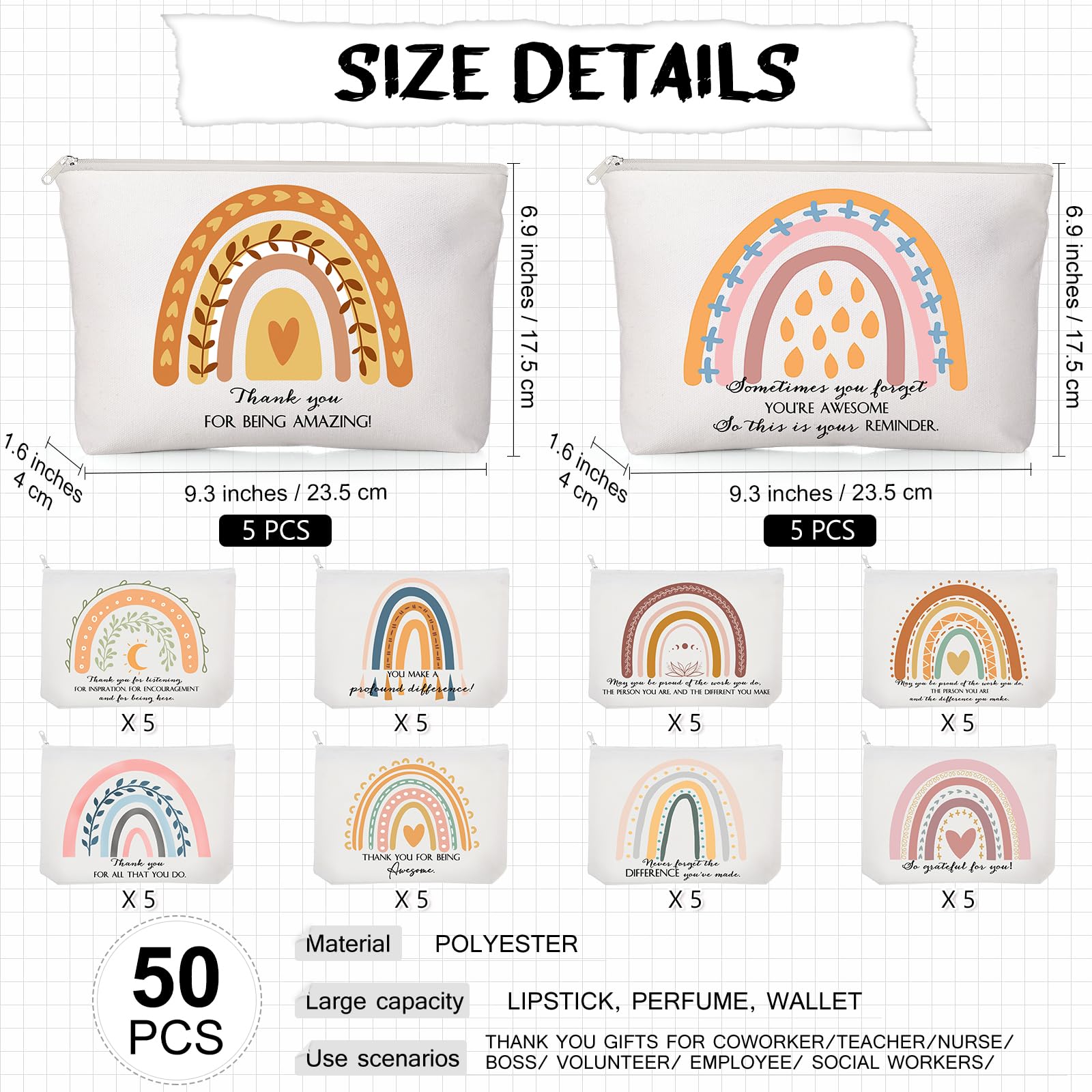 50 Pcs Rainbow Canvas Makeup Bags Bulk - Inspirational Cosmetic Bags with Zipper - Perfect Thank You Gifts for Teachers, Employees, Coworkers, Women, Assistants, Secretaries & Nurses - Great for Travel, Storage & Appreciation Events