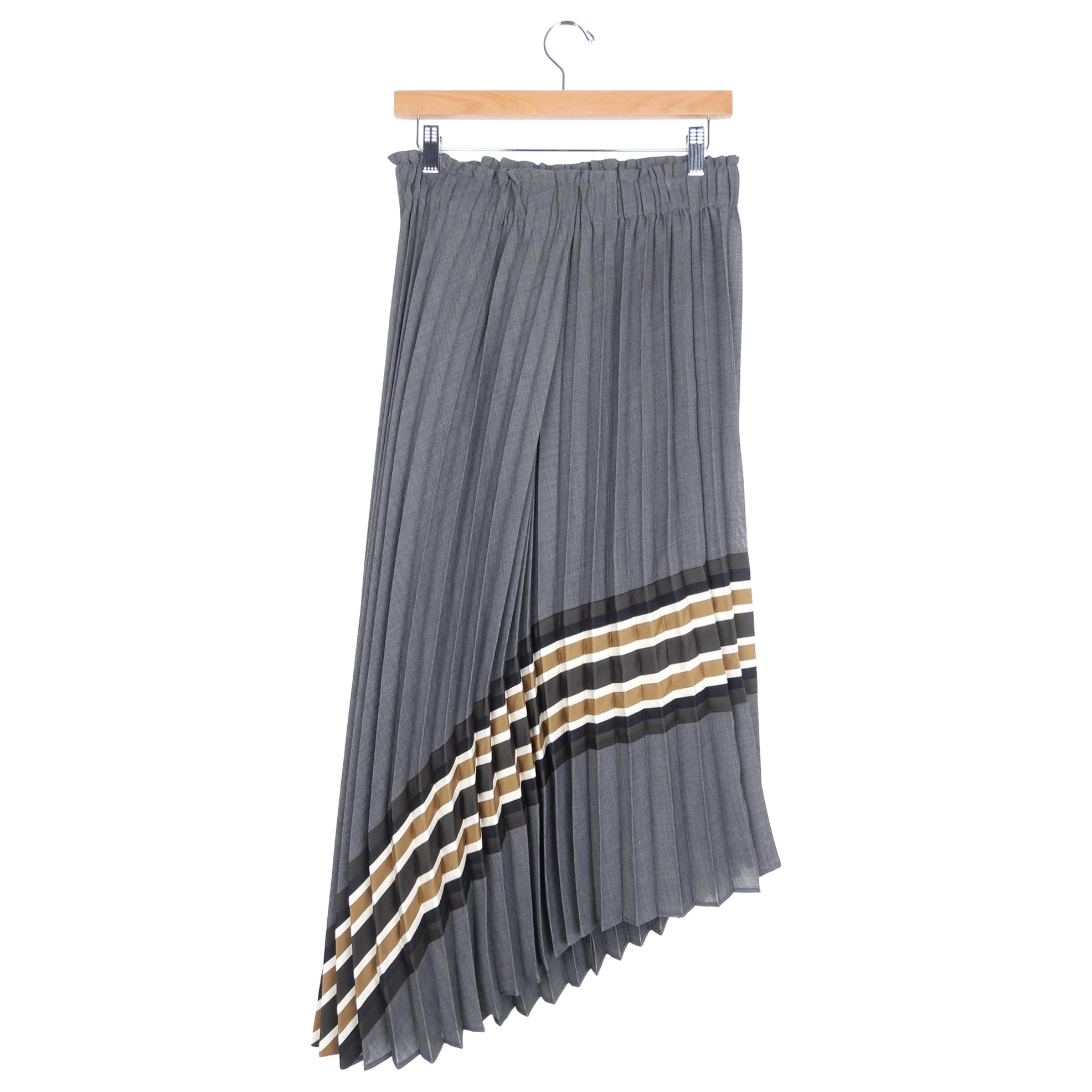 Brunello Cucinelli Grey Wool Blend Asymmetrical Striped Knife Pleat Midi Skirt - Women's Size IT40 / US 4 - Elegant Office Wear & Cocktail Party Outfit