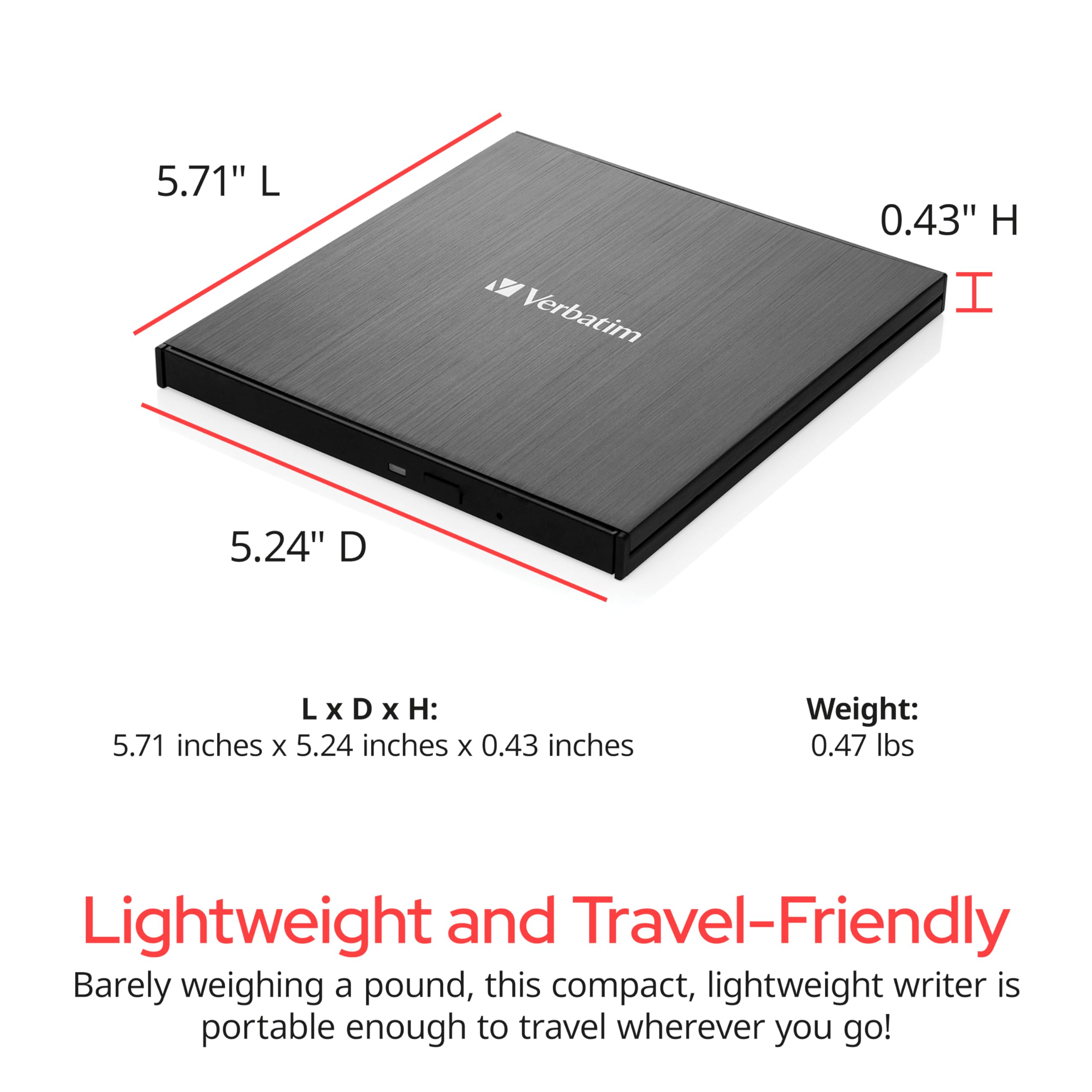 Verbatim Slimline External Blu-ray Writer & Reader - USB 3.2 Gen 1 with USB-C Connection - Ultra HD 4K Playback - Compact Design for Laptops & Desktop PCs - Perfect for Home Theater & Media Backup