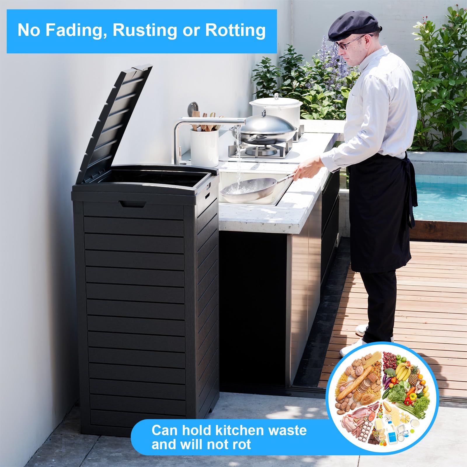 Outdoor Trash Can with Lid - 31 Gallon Waterproof Resin Garbage Bin with Dual Lid Closure & Pull-Out Liquid Drawer - Heavy Duty for Patio, Backyard, Deck, Garden, Camping & Outdoor Events (Black)