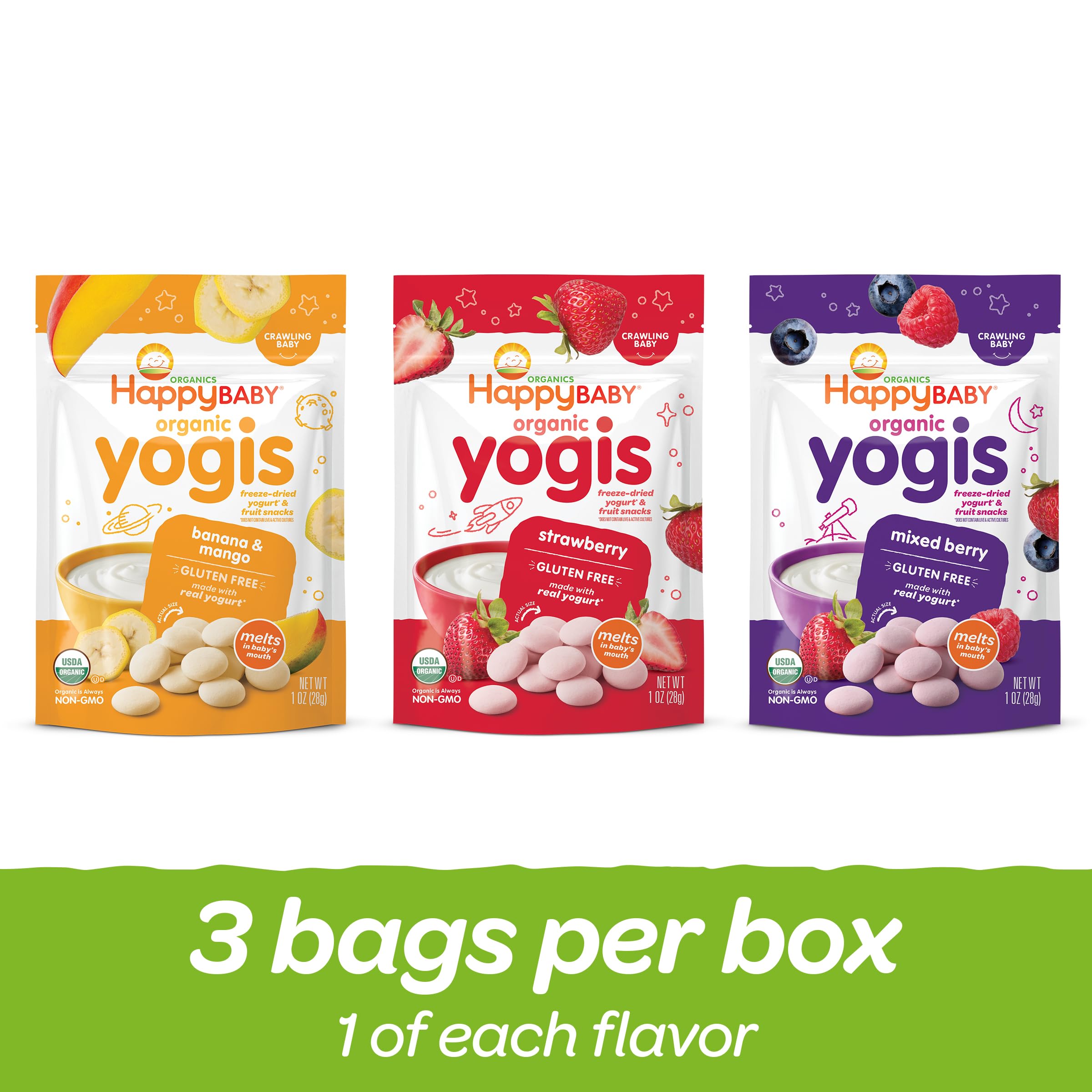 Happy Baby Organics Yogis Freeze-Dried Yogurt & Fruit Snacks - 3 Flavor Variety Pack (Strawberry, Banana & Mixed Berry), 1 Ounce (Pack of 3) | Healthy Toddler Snacks for On-the-Go, Lunch Box & Travel | USDA Organic, No Artificial Flavors