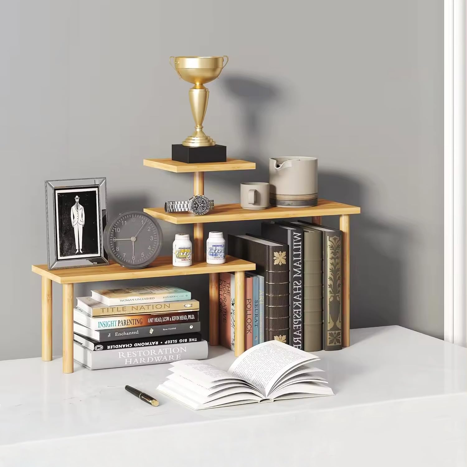 Premium Bamboo Kitchen Counter Organizer - 3-Tier Spice & Oil Shelf Rack for Kitchen Storage, Wooden Corner Shelf - Golden Brown | Perfect for Spice Organization, Makeup Display & Office Storage