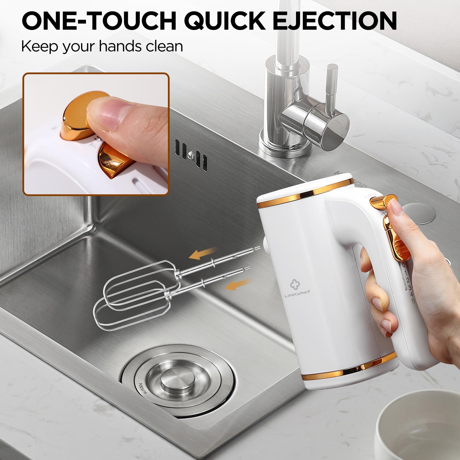 LINKChef 450W Electric Hand Mixer - 5-Speed Turbo Handheld Blender with Whisk & Dough Hook, Storage Base - Perfect for Baking Cakes, Cookies, Brownies, Whipping Cream & Mixing Eggs - Ideal for Home Kitchen, Professional Bakeries & Holiday Cooking