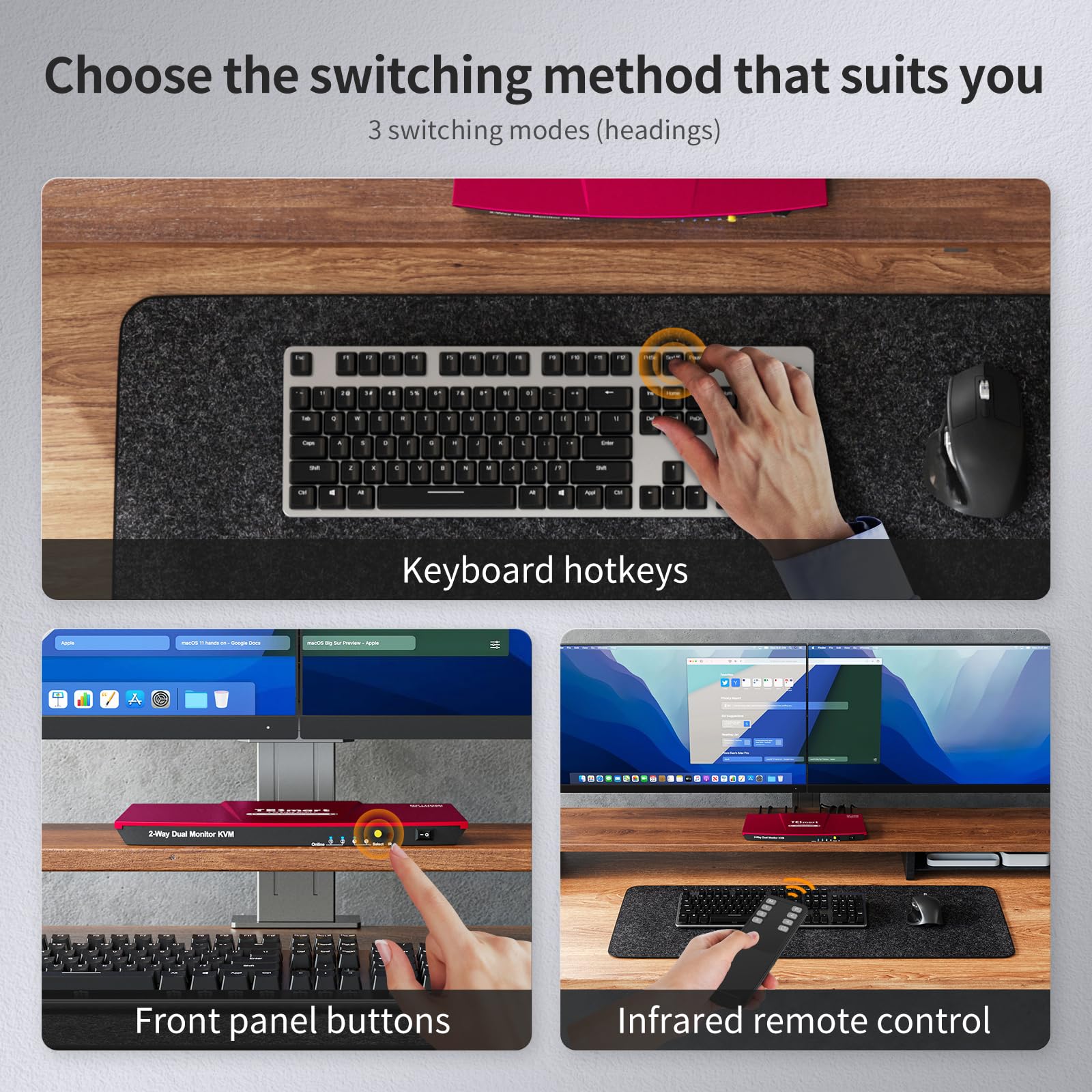 TESmart 4K 60Hz HDMI KVM Switch for 2 Computers & 2 Monitors - Dual Monitor KVM Switch with EDID Emulator, Audio Jack, Copy/Extend Modes | Enhanced Keyboard & Mouse Compatibility | Ideal for Home Office, Gaming Setup & Multi-PC Workstations