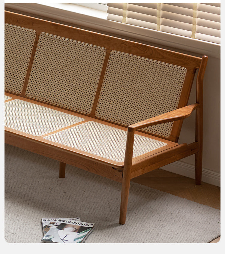 Vintage Oak Solid Wood Rattan Sofa - Convertible 2-in-1 Couch & Daybed for Living Room, Bedroom or Patio