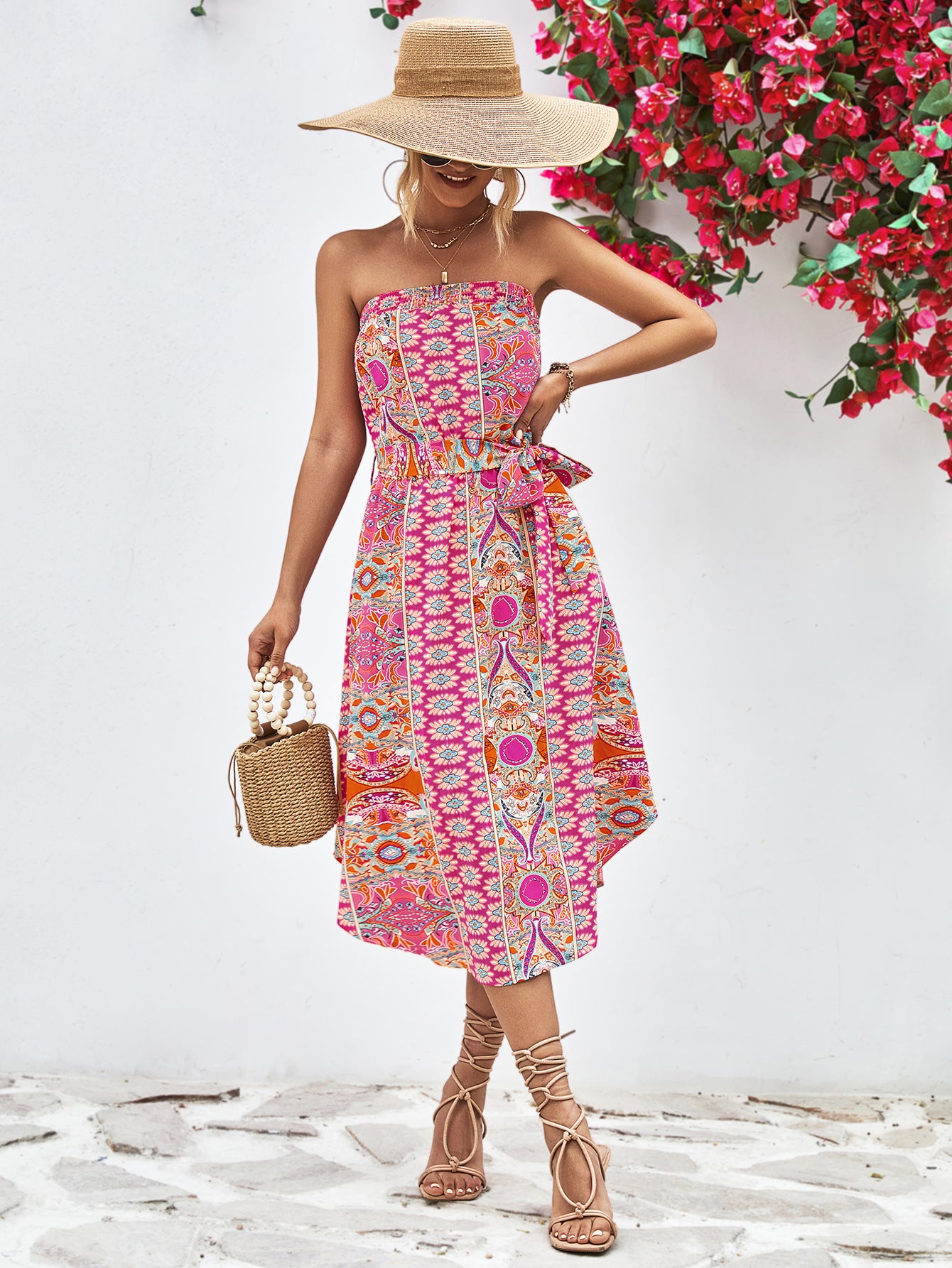 Stylish Printed Strapless Tie Belt Dress for Women - Perfect for Summer Parties, Weddings & Beach Vacations