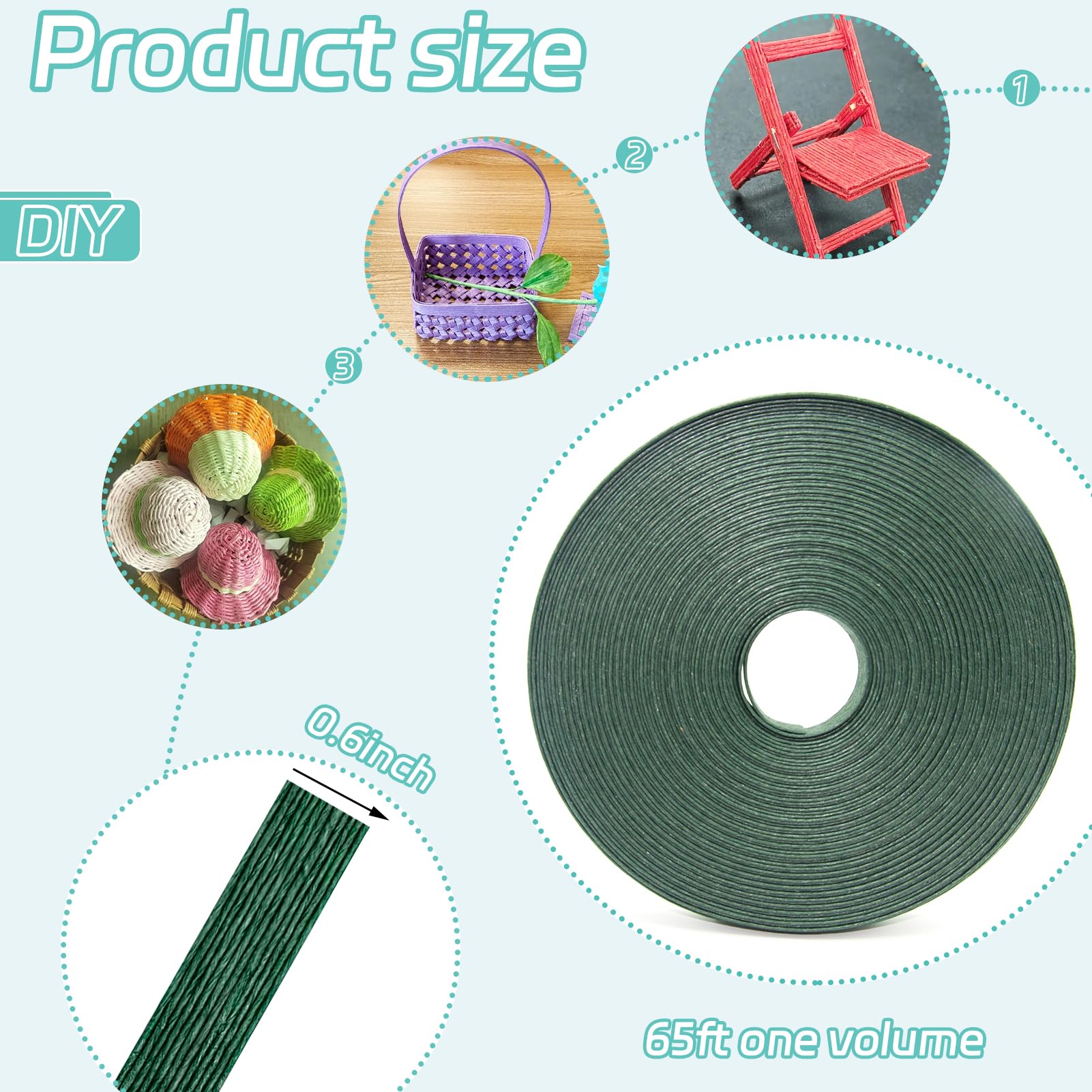 65 ft Dark Green Paper Rattan Cane - 0.6 Inch Natural Weaving Supplies for DIY Home Decor, Kitchen Crafts, Basket Making & Wicker Projects | Perfect for Boho Decor, Wall Hangings & Handmade Gifts
