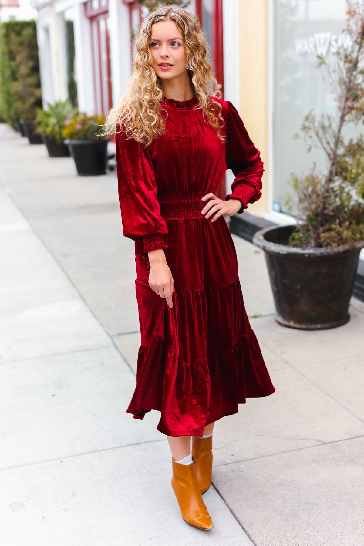 Burgundy Velvet Mock Neck Smocked Waist Dress for Women - Elegant Holiday Party & Christmas Dinner Outfit