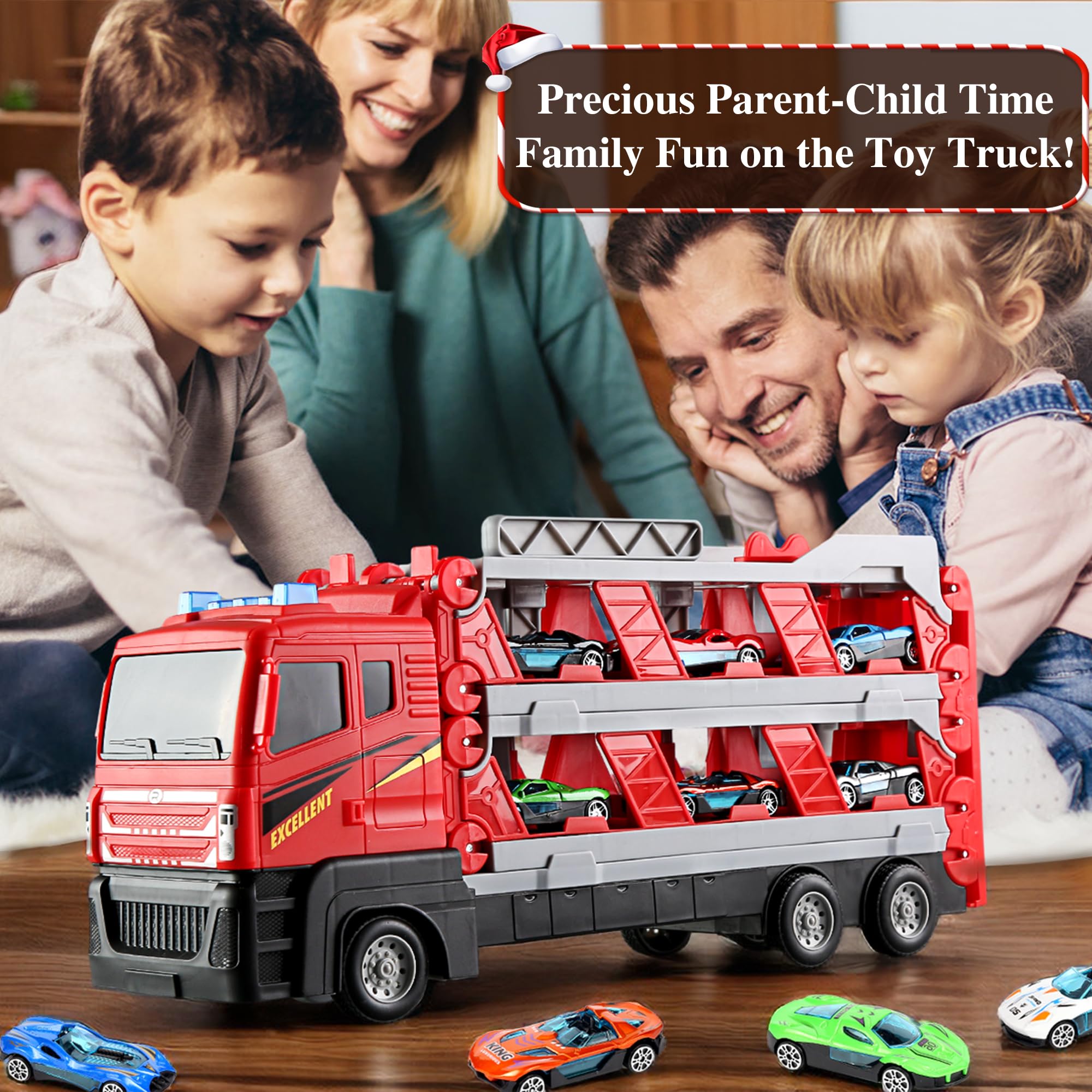 Mega Hauler Truck with Ejection Race Track - 7-in-1 Transformer Toy Truck with 6 Metal Race Cars, Music & Lights - Best Gift for Boys & Girls Ages 4-13 - Perfect for Indoor Play, Birthday Parties & STEM Learning