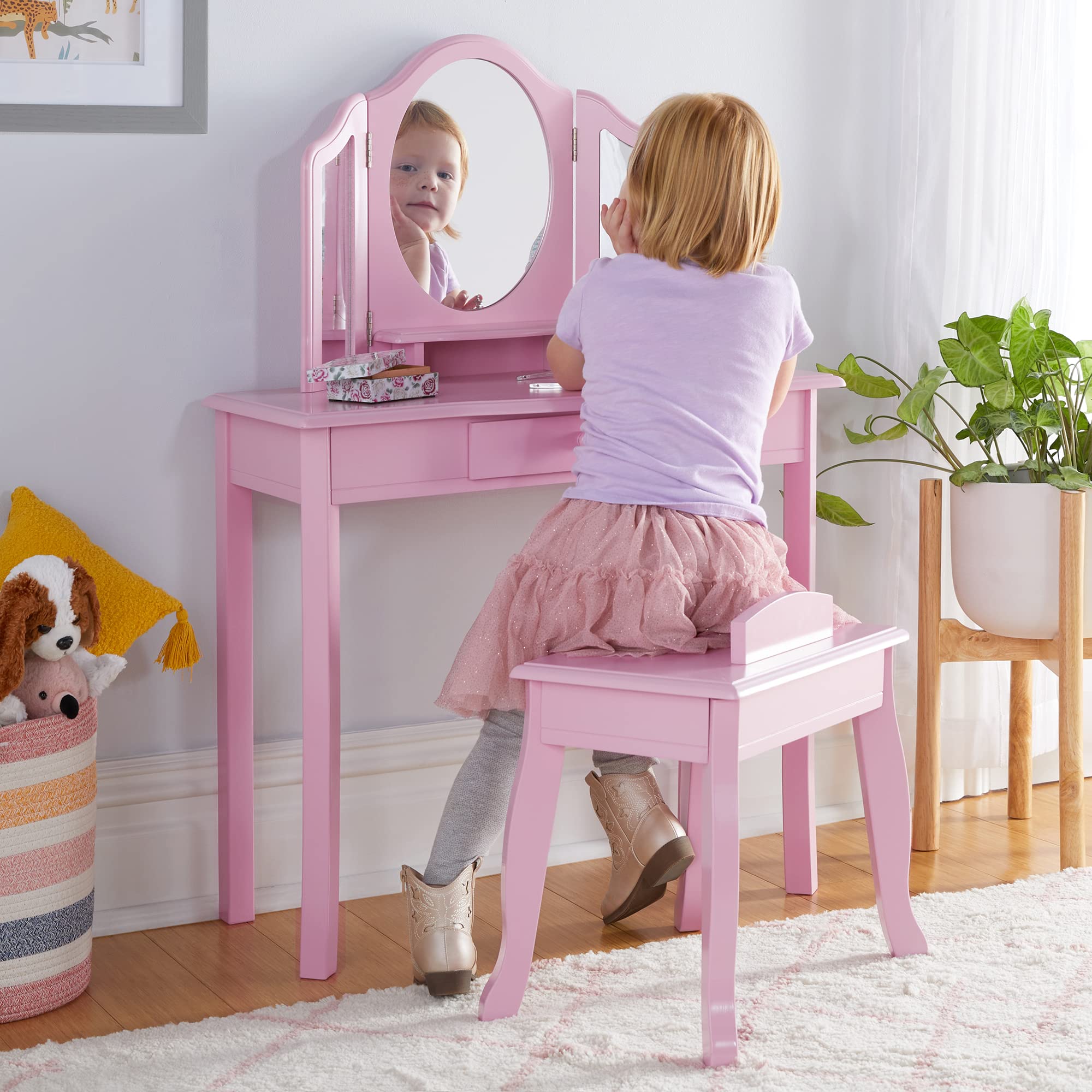 Guidecraft Pink Wooden Vanity and Stool Set for Girls Age 3-8 | Pretend Play Makeup Table with Mirror, Storage Drawer & Matching Chair | Princess Toy Vanity Desk Playset for Bedroom & Playroom