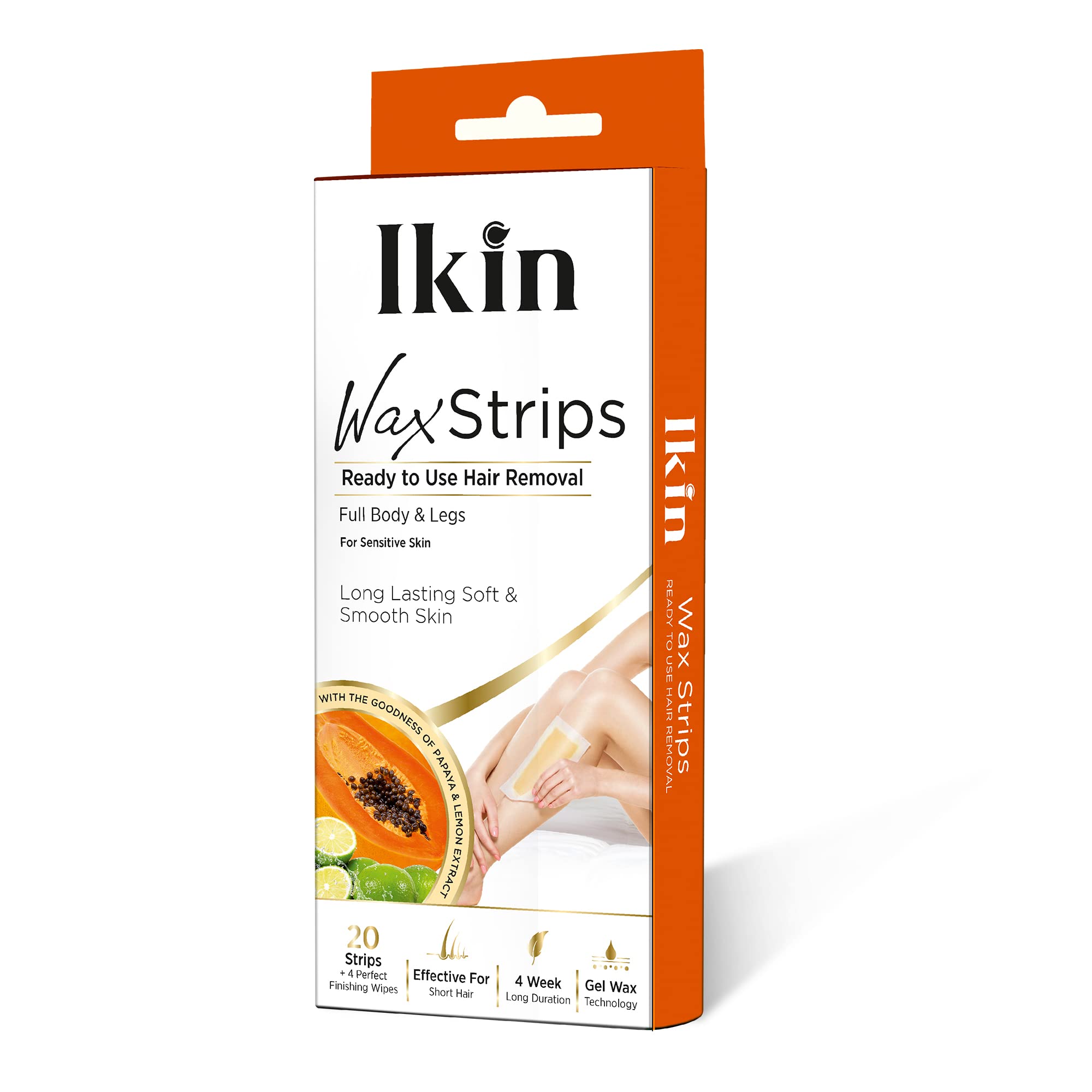Ikin Instant Wax Strips with Papaya & Lemon Extract for Women - 20 Count | Long-Lasting Hair Removal for Normal Skin | Cold Gel Wax for Soft & Smooth Skin | Up to 4 Weeks of Smoothness | Includes 4 Perfect Wipes | Perfect for Legs, Arms, Bikini & Underarms
