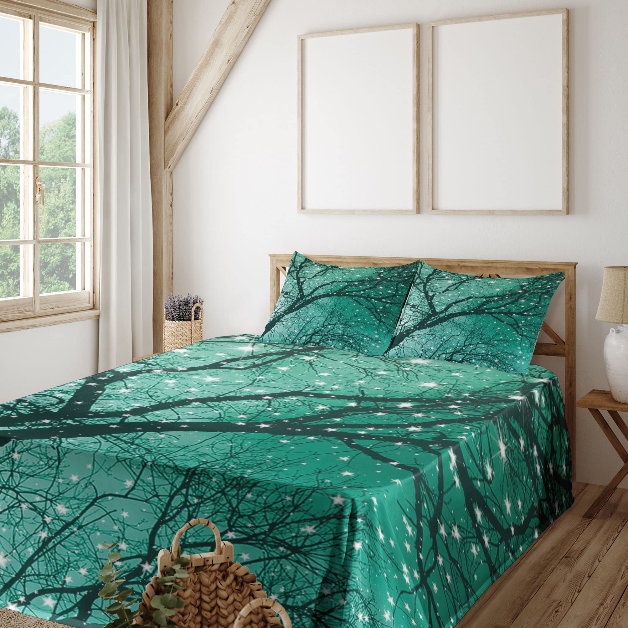 Ambesonne 4-Piece King Size Sheet Set - Monochrome Winter Tree & Stars Design, Fitted & Flat Sheets with Pillowcases, Dark Teal & Sea Green - Perfect for Cozy Winter Nights & Holiday Bedroom Decor