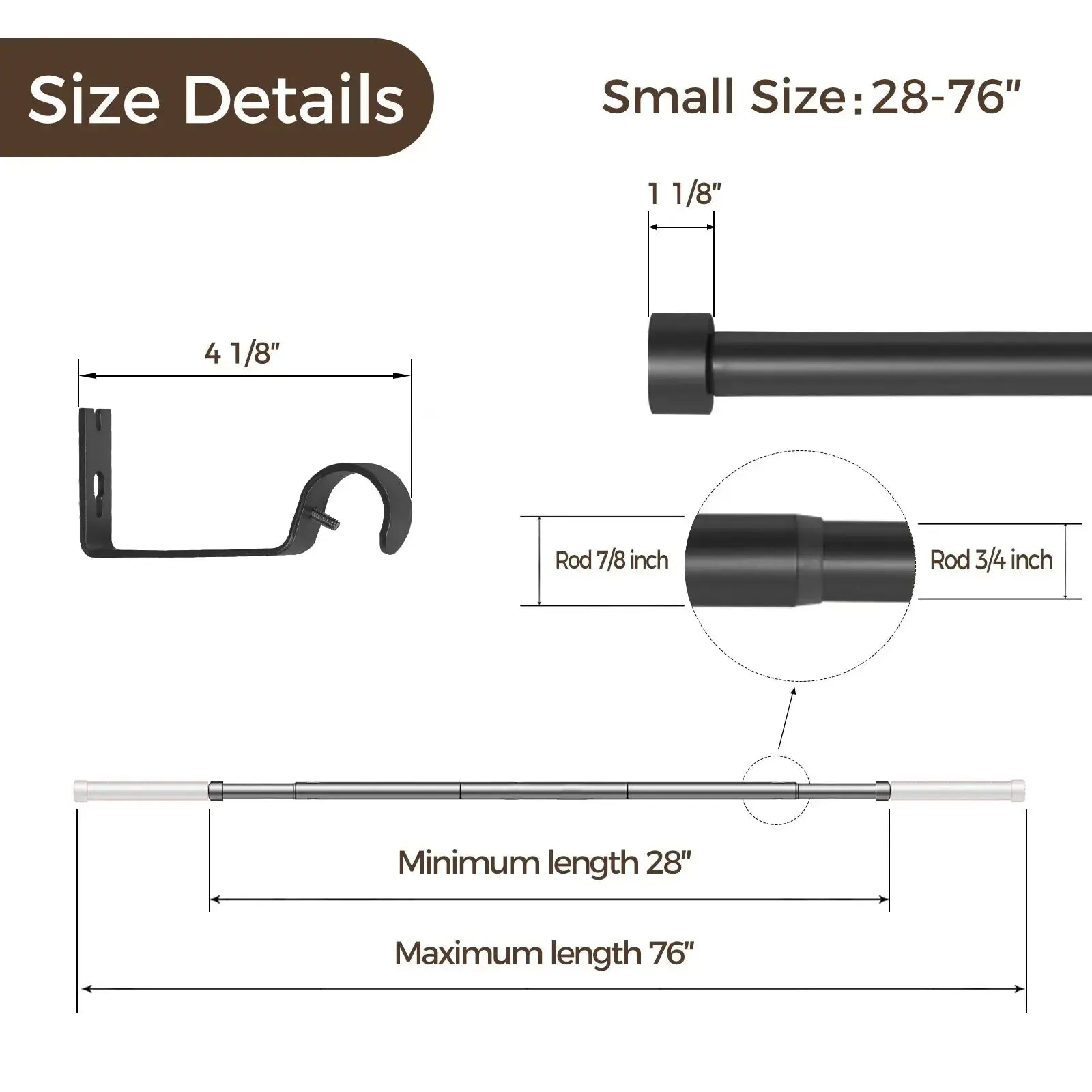 Jaylon Adjustable Curtain Rod with Rings - Extendable Window Drapery Rod for Living Room, Bedroom & Kitchen - Easy Installation for Blackout & Sheer Curtains