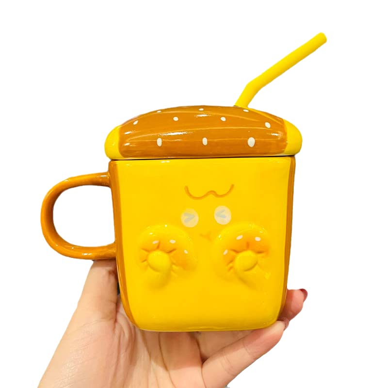 Strawberry Bunny Ceramic Coffee Mug with Lid and Straw - 400ml Cute Porcelain Cup for Adults & Kids - Perfect for Hot/Cold Drinks, Home, Office, and Gifts (Brown Bread Design)