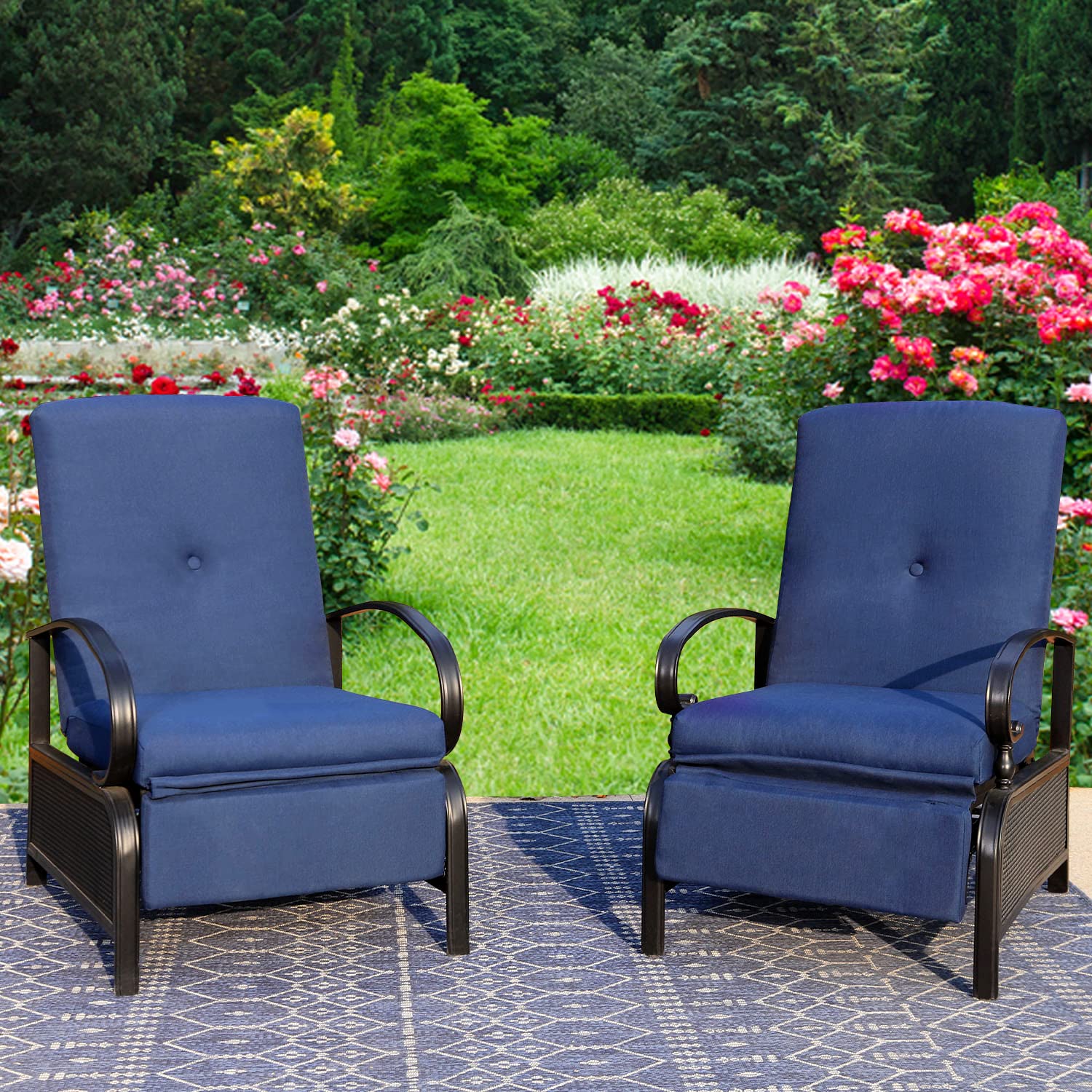 MFSTUDIO 2-Piece Adjustable Recliner Patio Chair Set - Heavy Duty Outdoor Lounge Chairs with Removable Olefin Cushions & 300lb Weight Capacity - Perfect for Poolside, Backyard, Deck Relaxation (Navy Blue)