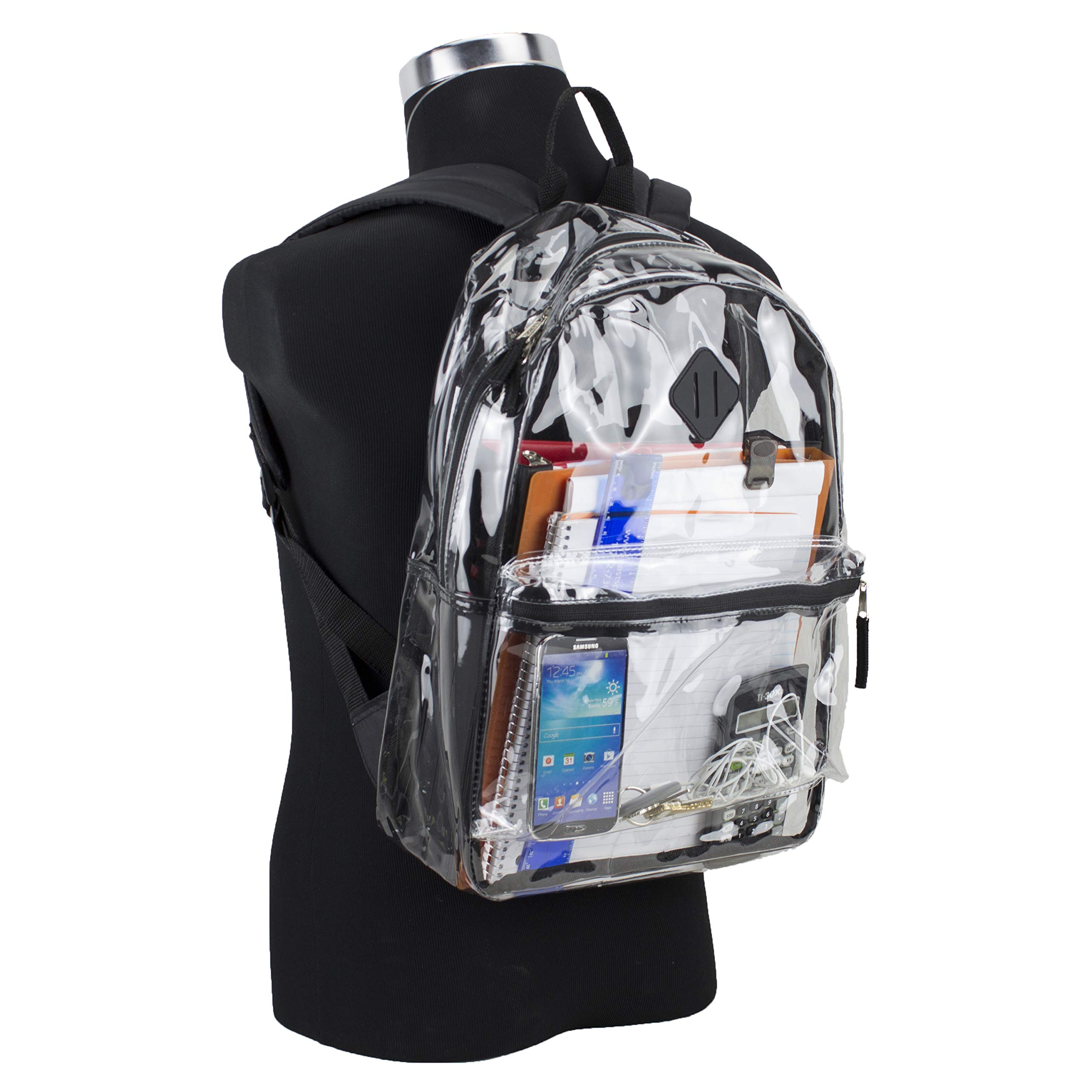 EastSport Clear Transparent Backpack with Front Pocket - Adjustable Shoulder Straps & Lash Tab - Black Trim One Size - Perfect for School, Work, Travel & Stadium Security Checks