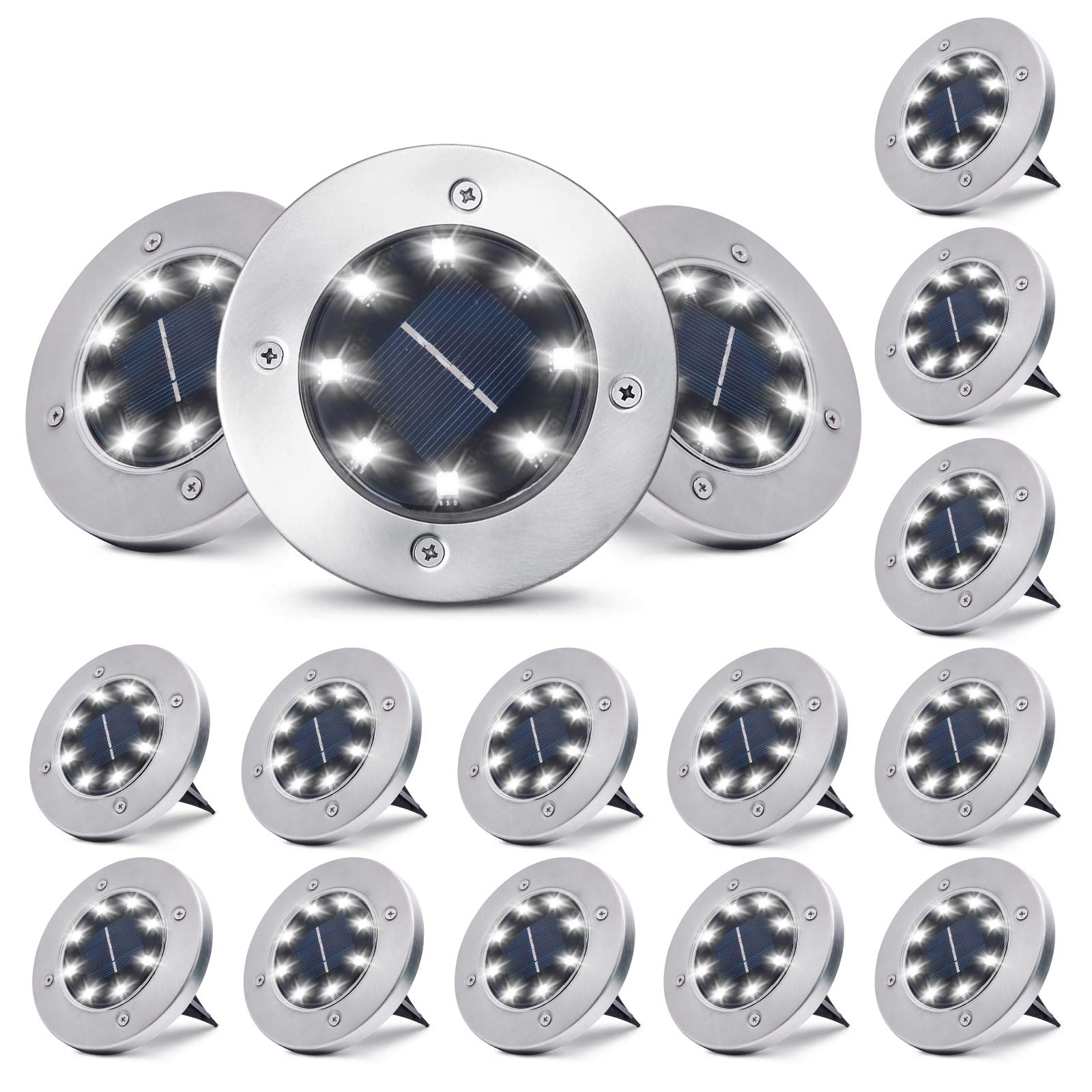 16 Pack Solar Ground Lights - 8 LED Waterproof Outdoor Garden Lights for Lawn, Pathway, Yard & Driveway | Cold White Solar Landscape Lighting for Home & Commercial Use