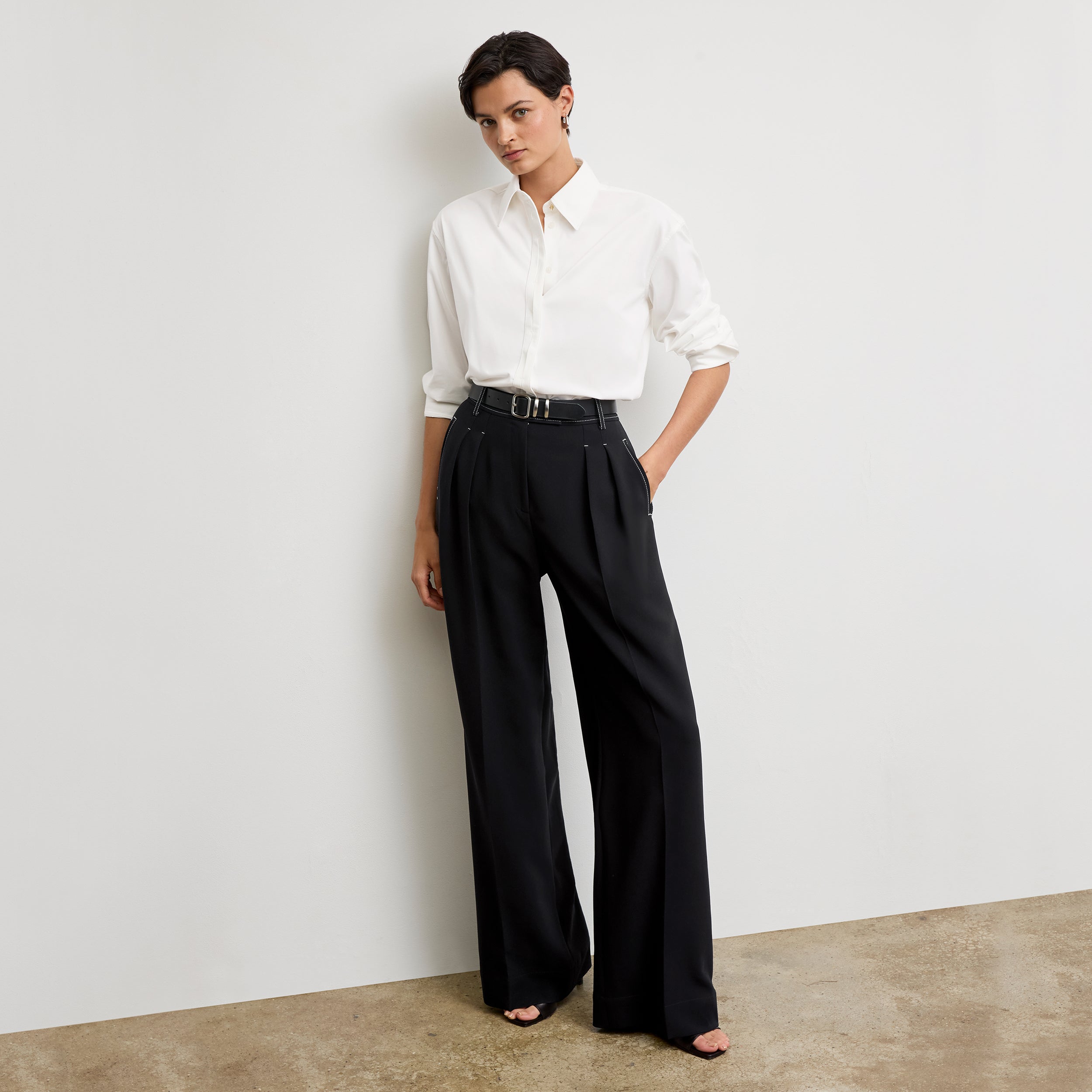 Bia Pleated Trousers for Women - High Waist Everyday Crepe Pants with Topstitch Detail - Comfortable Office Work Pants - Black - Perfect for Business Casual & Professional Wear