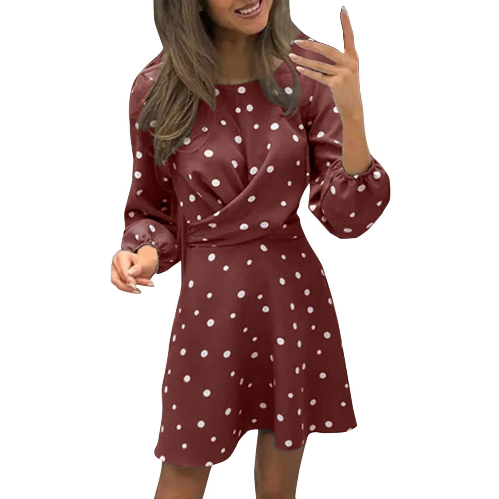 Elegant White Dot Printed Long Sleeve Dress for Women - Winter Formal Wear, Office Attire & Funeral Occasion Outfit