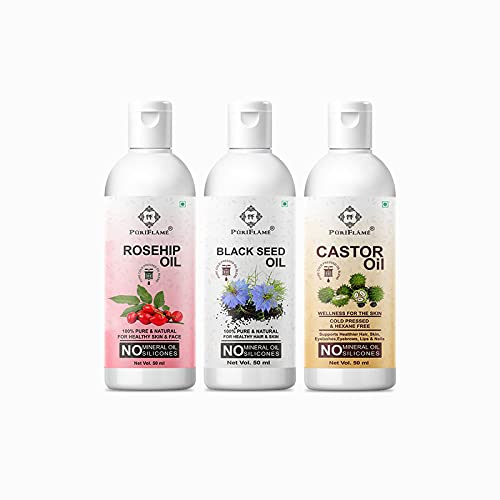 PuriFlame 100% Pure Castor Oil 50ML + Rosehip Oil 50ML + Blackseed Oil 50ML Combo Set for Hair Growth, Anti Hair Loss, Split Ends Treatment & Shiny Hair Care - Natural Oils for Faster Growth, Thicker Hair & Scalp Health - Perfect for Daily Hair Routine & DIY Hair Masks