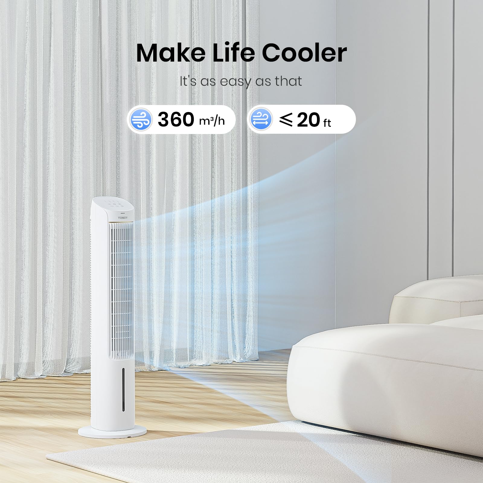 TOSOT 80° Oscillating Tower Fan with Remote Control - 3 Speed Quiet Cooling Fan, 360m³/h CFM, 7-Hour Timer & 4L Removable Water Tank Humidifier - Includes 2 Ice Packs for Extra Cooling - Perfect for Bedroom, Living Room & Office Use