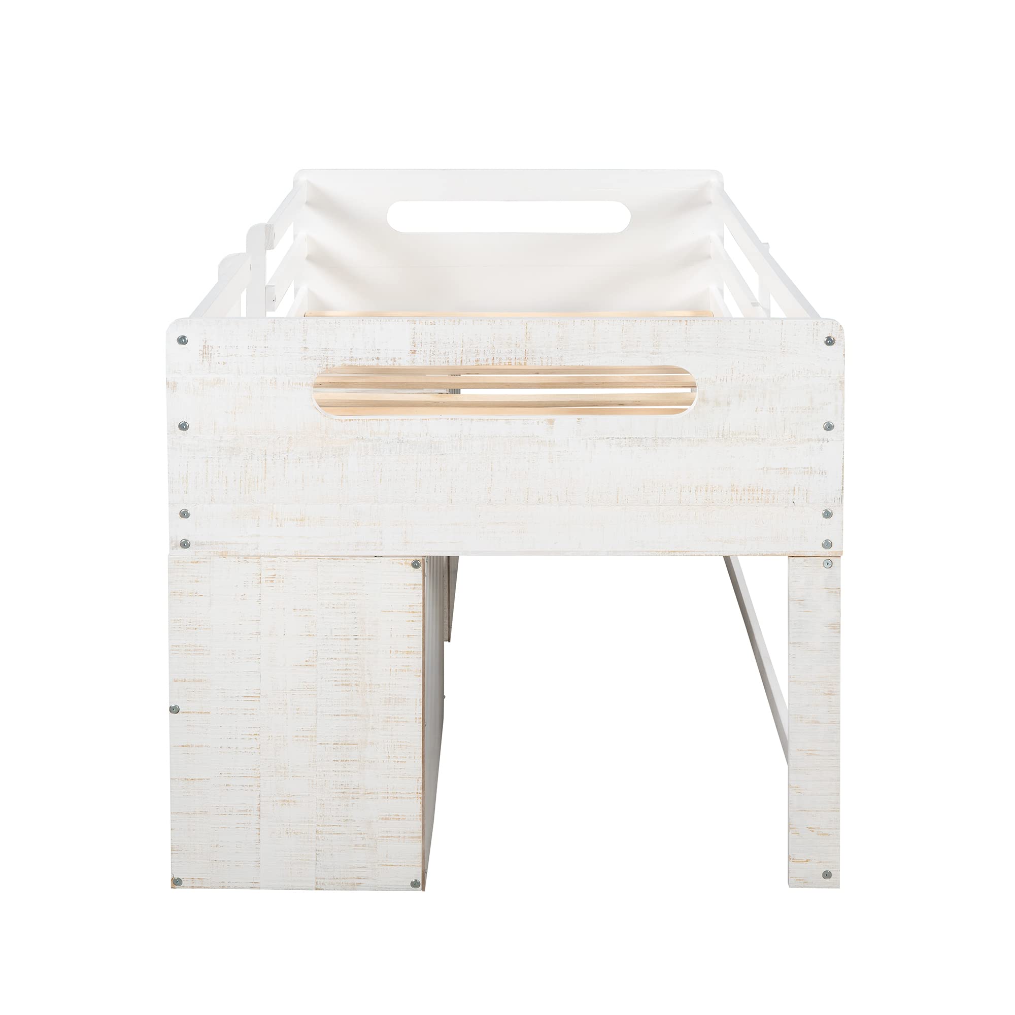 P PURLOVE Twin Loft Bed with 2 Shelves & 2 Drawers - Low Loft Bed Frame for Kids/Teens - No Box Spring Needed - Antique White - Perfect for Small Rooms & Dorm Spaces