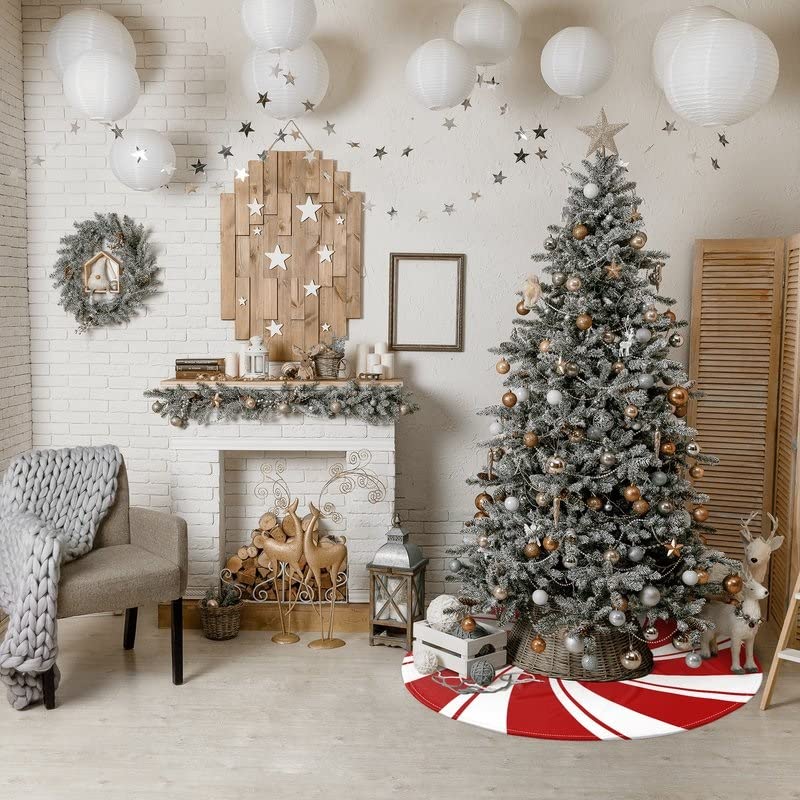 36 Inch Red Swirl Christmas Tree Skirt with Candy Cane Pattern - Festive Holiday Decor for Xmas Tree, Home, and Party Decoration | Perfect for Living Room, Fireplace, and Gift Wrapping