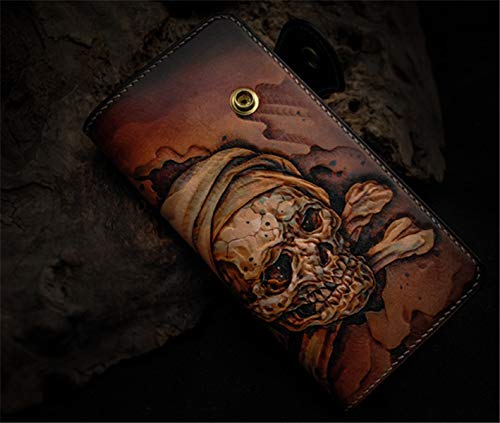 Handcrafted 3D Genuine Leather Biker Wallet for Men - Custom Engraved & Hand-Painted Long Wallet with Skull Design - Perfect for Motorcycle Riders, Truckers & Gift Giving