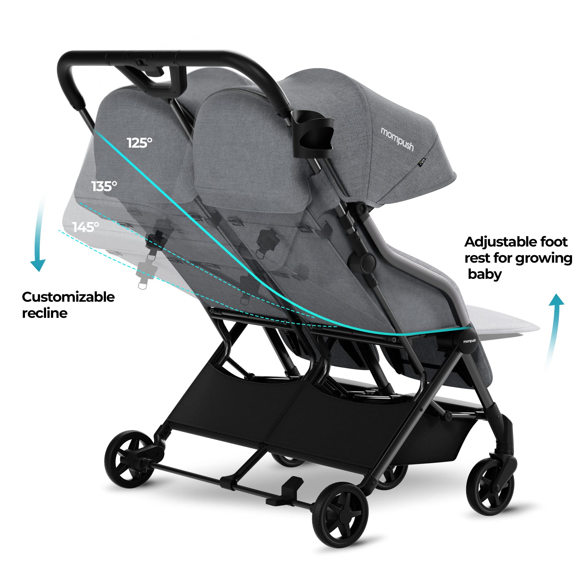 MomPush Lithe Double Ultralight Stroller - Lightweight Side by Side Twin Stroller with 2 Large Reclining Seats & Easy Fold | Perfect for Travel, Shopping & Outdoor Adventures with Twins
