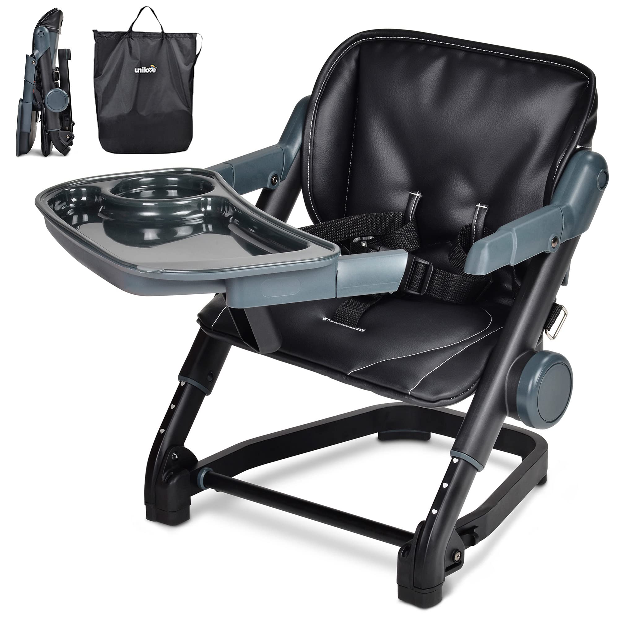 Unilove Feed Me 3-in-1 Travel Booster Seat for Babies & Toddlers - Adjustable Height with Detachable Tray, Safety Harness & Carry Bag - Ergonomic Cushion for Comfort - Perfect for Dining, Travel & Outdoor Use (Black)