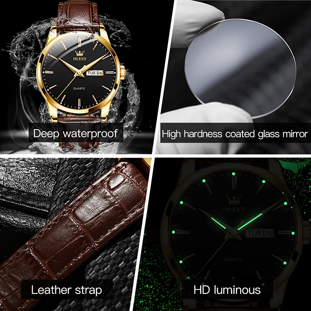 OLEVS Men's Brown Leather Watch - Rose Gold Quartz, Waterproof, Luminous for Daily Wear & Dress